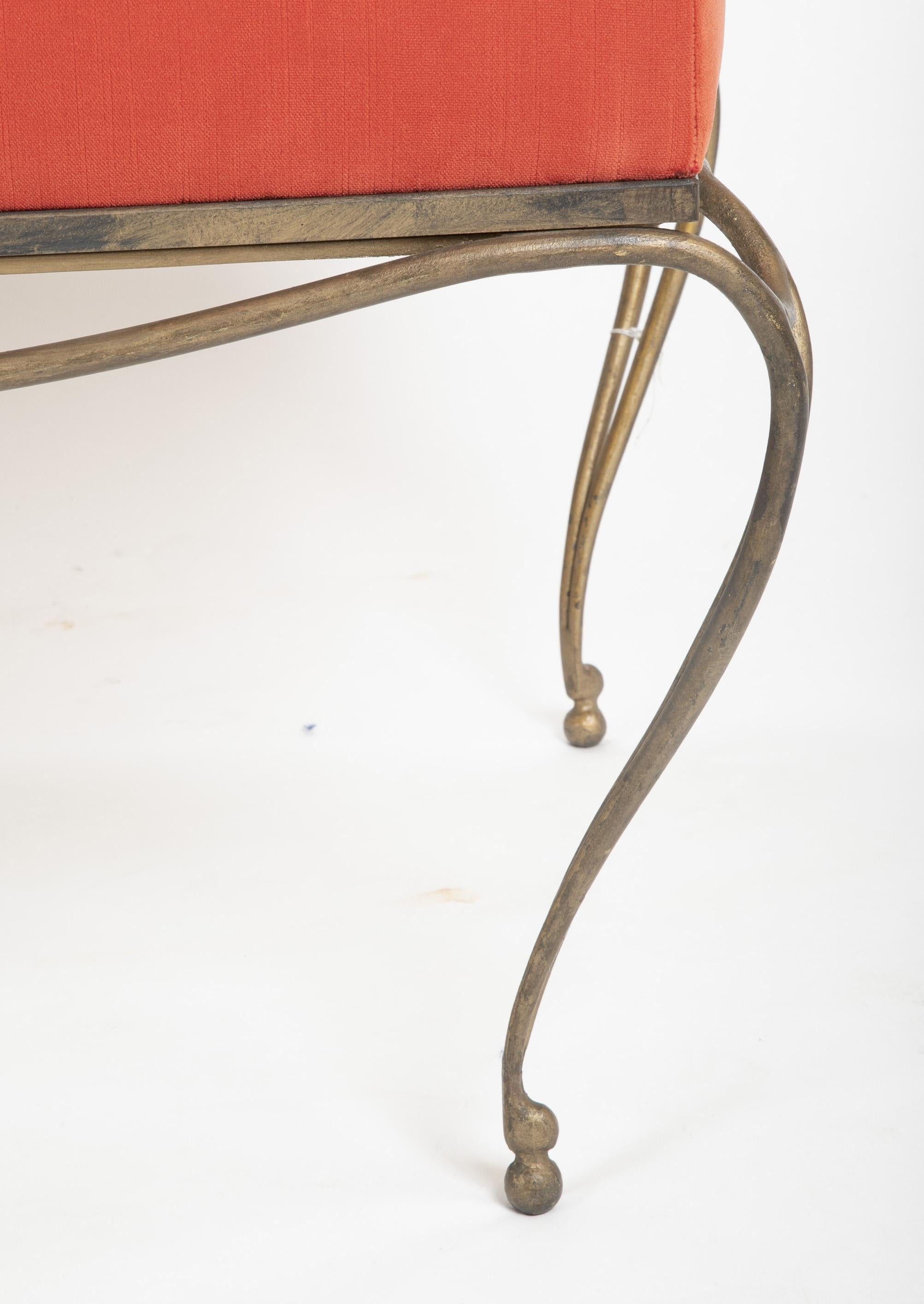 Late 20th Century Gilt French Steel Bench with Velvet Fixed Cushion in the Style of Jean Royère