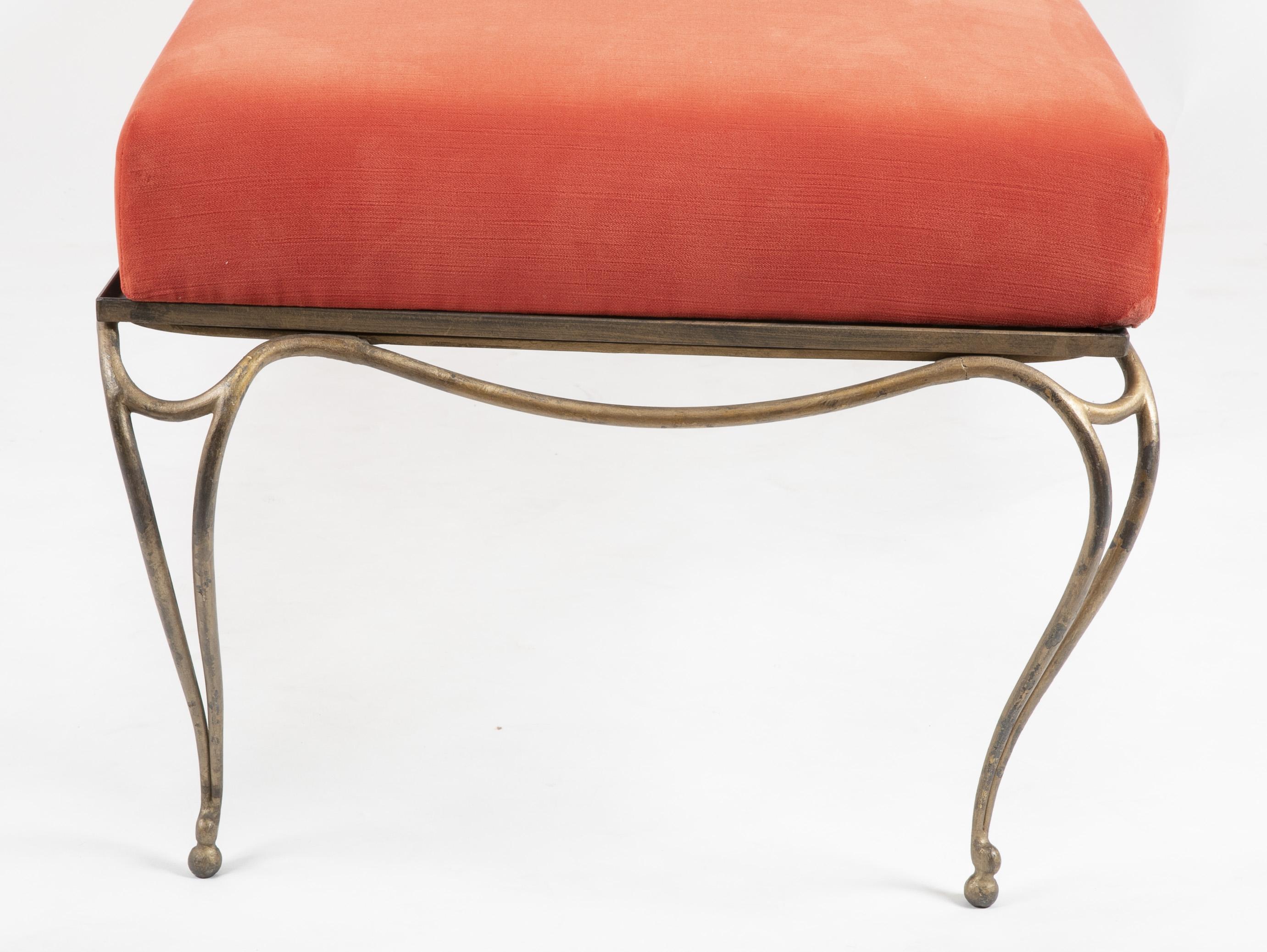 Gilt French Steel Bench with Velvet Fixed Cushion in the Style of Jean Royère 3