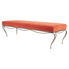 Gilt French Steel Bench with Velvet Fixed Cushion in the Style of Jean Royère