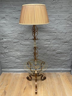 Gilt Iron and Glass Floor Lamp with Table