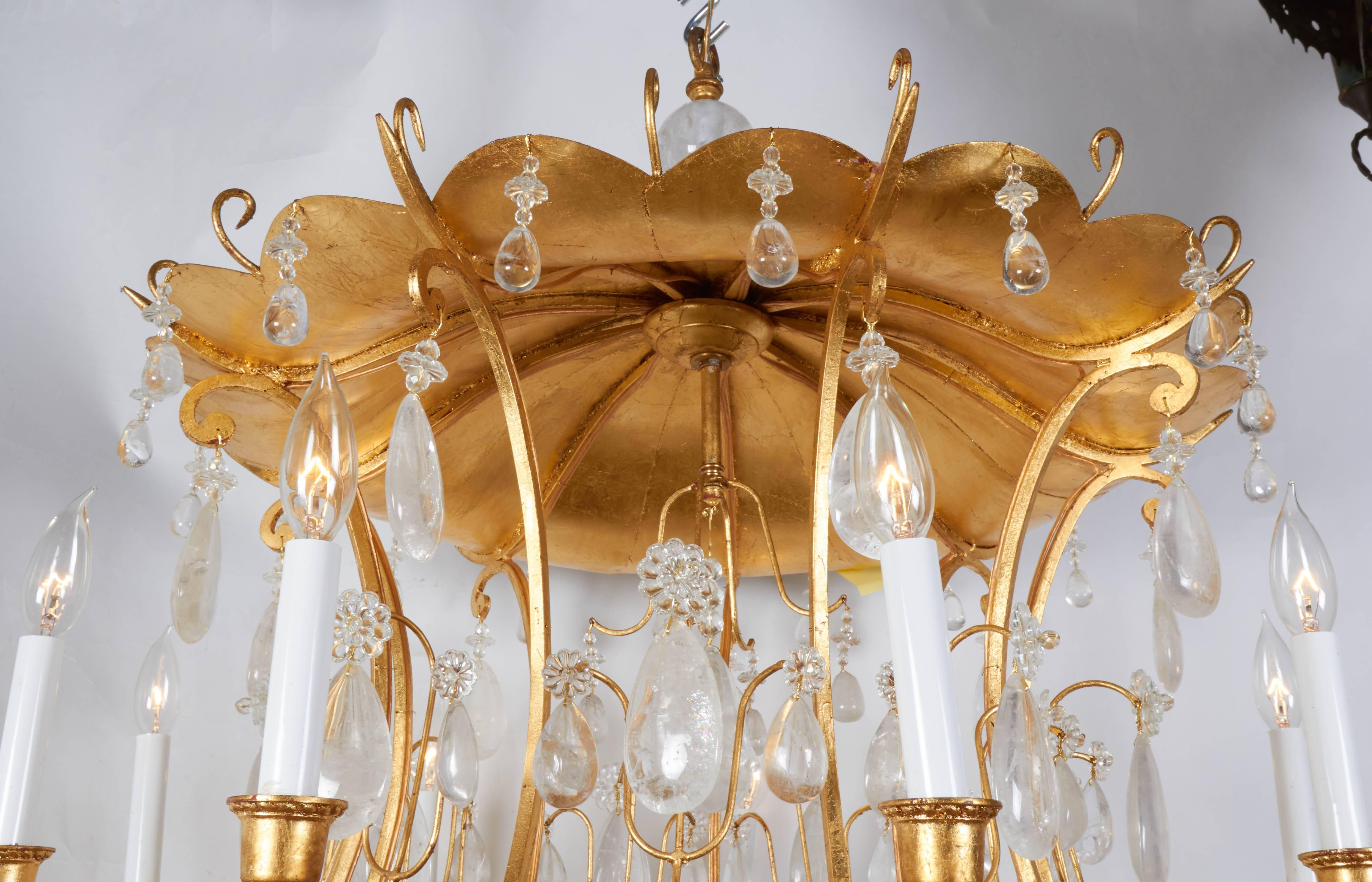 Chinoiserie Rock Crystal Chandelier with Gilt Metal and Pagoda Design, New For Sale