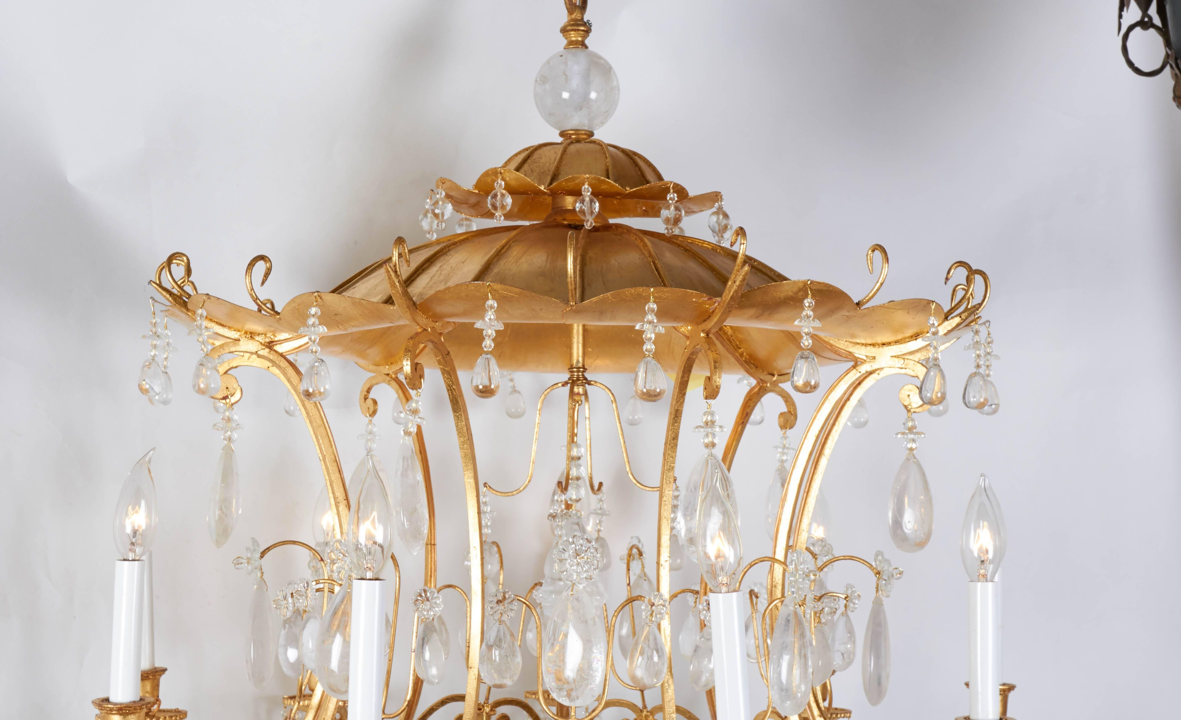 Rock Crystal Chandelier with Gilt Metal and Pagoda Design, New In New Condition For Sale In New York, NY