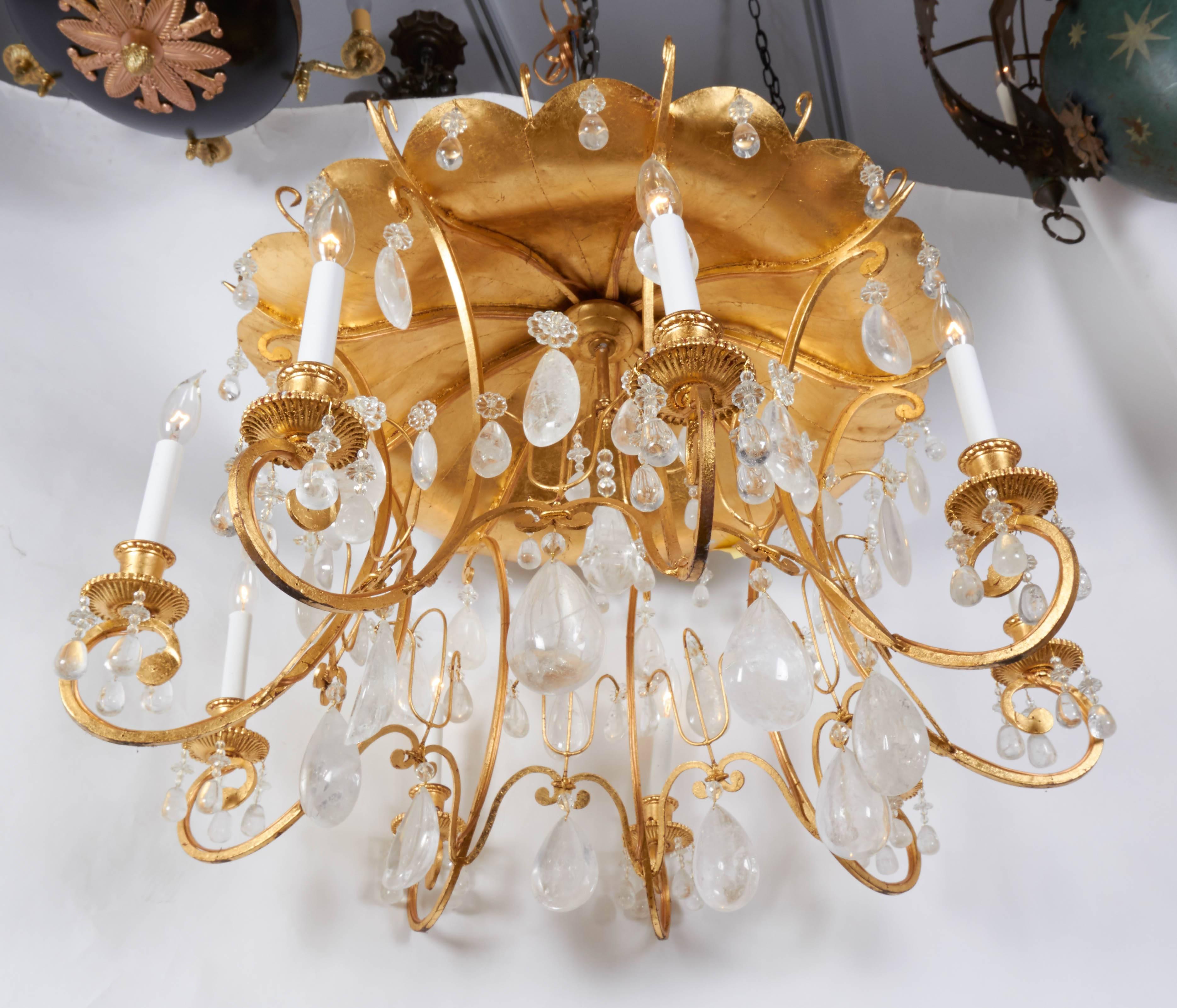 Contemporary Rock Crystal Chandelier with Gilt Metal and Pagoda Design, New For Sale