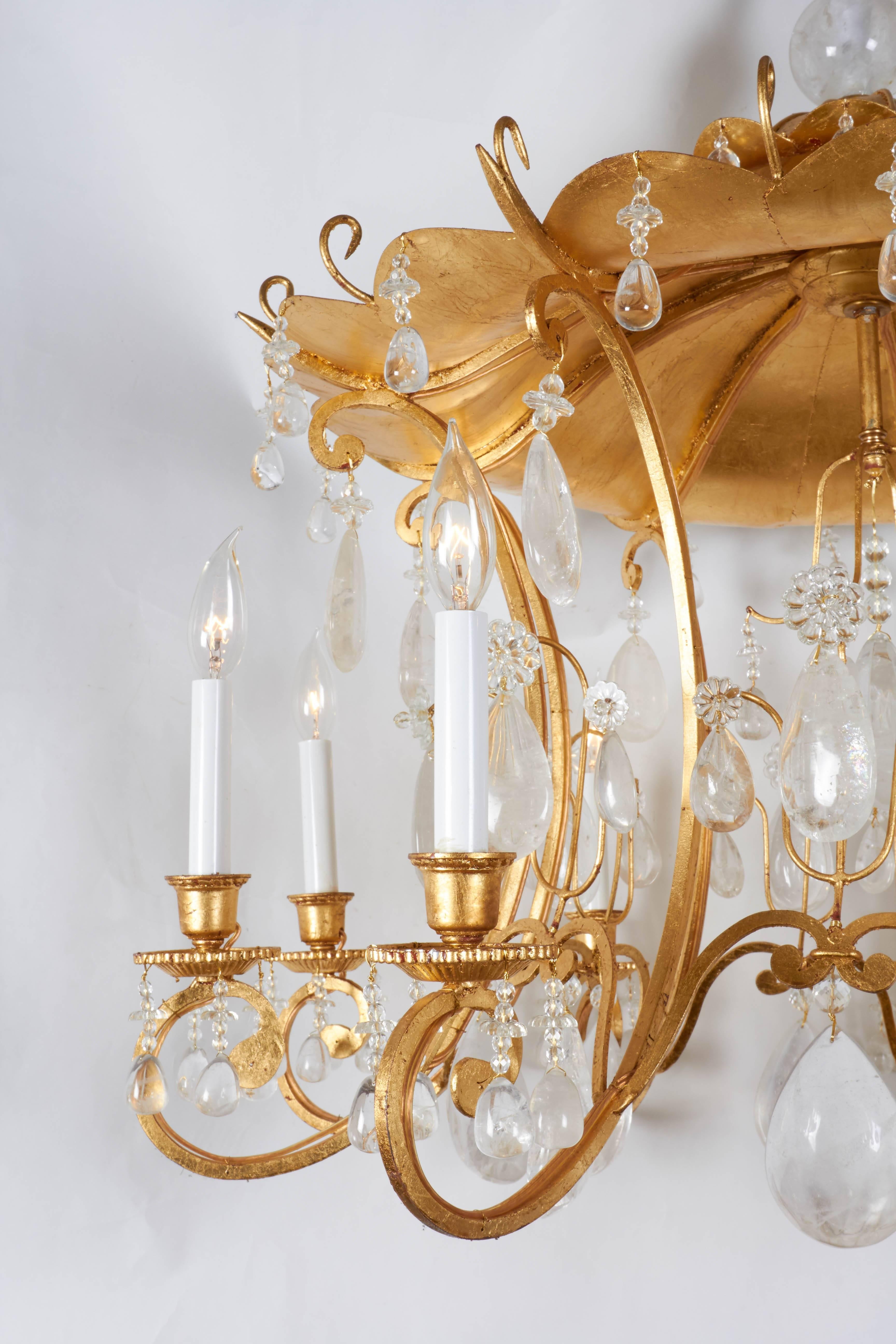 Rock Crystal Chandelier with Gilt Metal and Pagoda Design, New For Sale 1