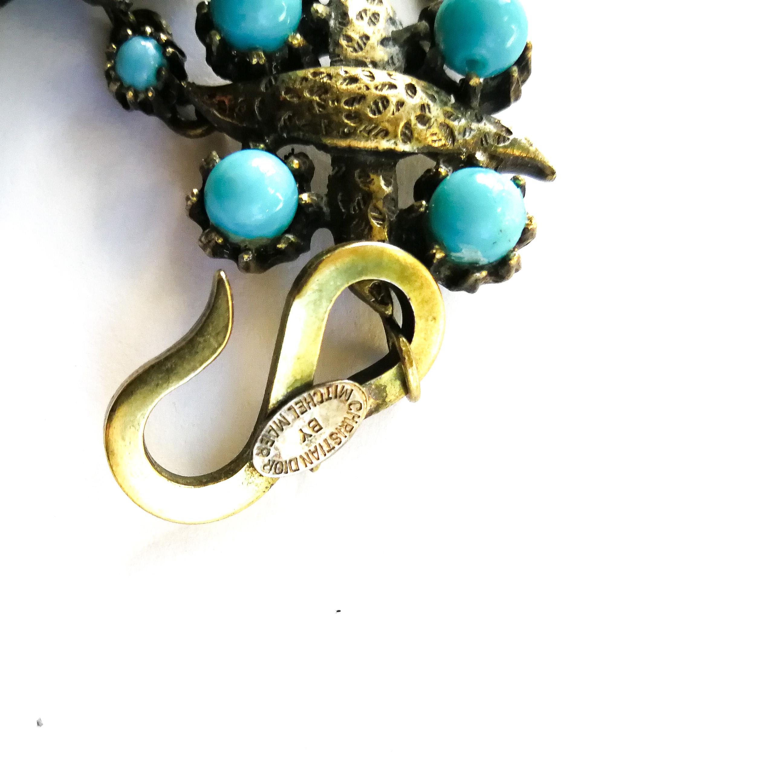 A gilt metal and turquoise glass bead sautoir necklace, Christian Dior, 1950s. In Excellent Condition For Sale In Greyabbey, County Down