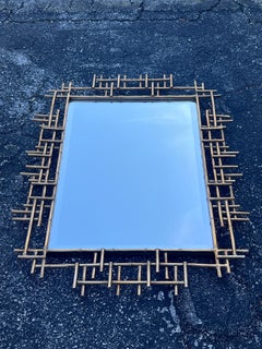 80s Vintage Rare Brutalist Gilt Faux Bamboo Metal Wall Mirror
