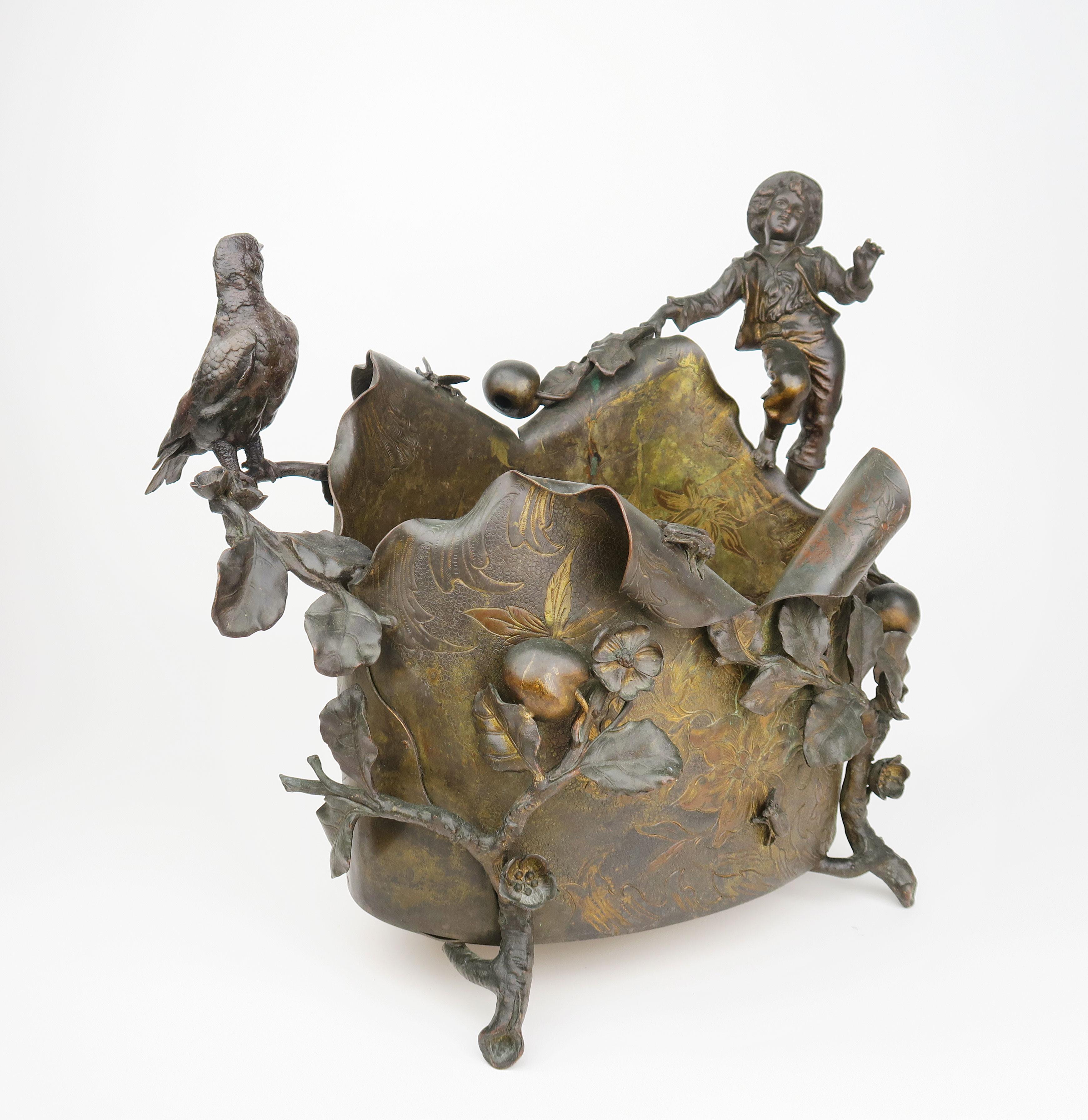 Cast Gilt & Patinated Bronze Figural Jardiniere, Austria, 19th Century For Sale