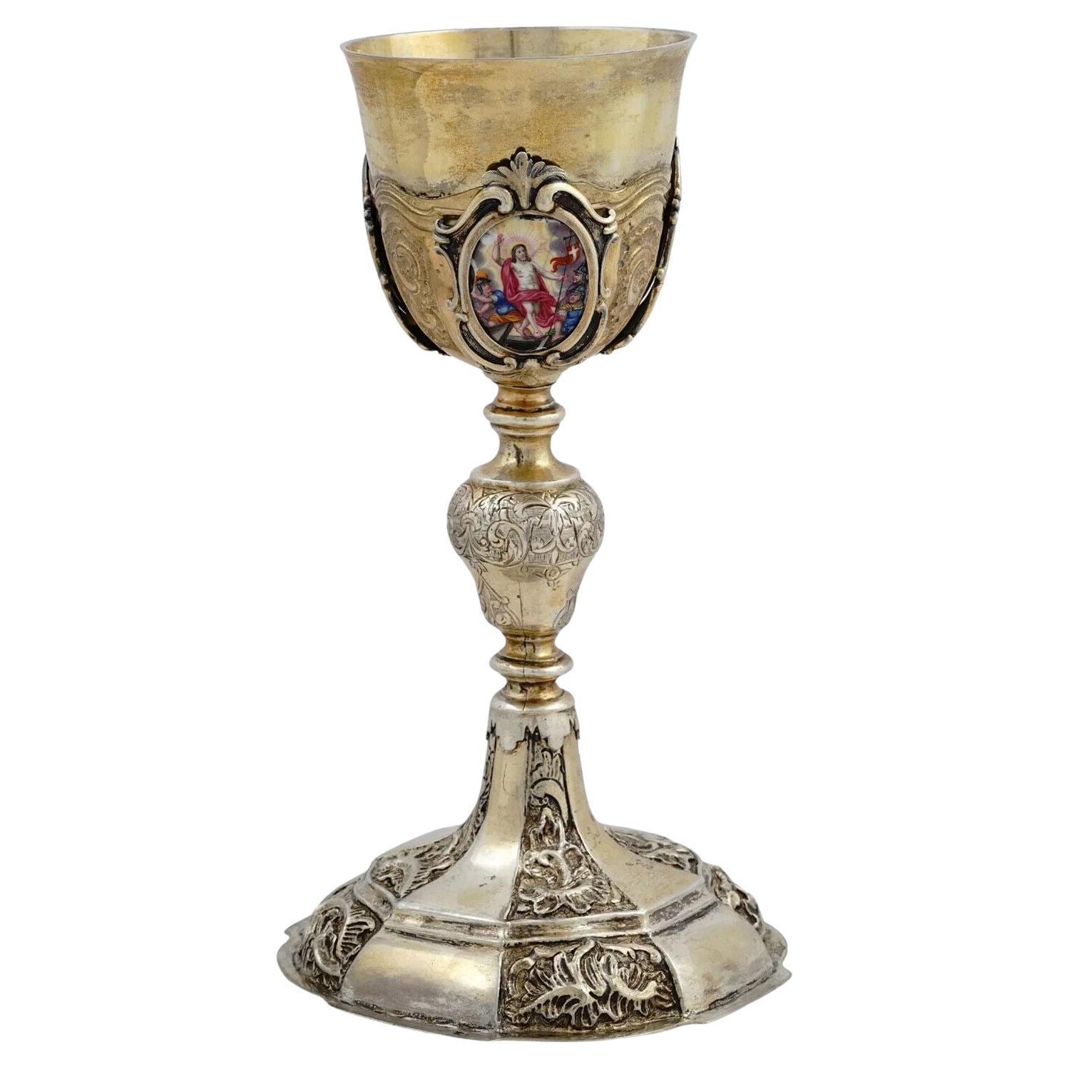 A Gilt-Silver Communion Chalice With 3 Painted Enamel Miniatures, 19Th Cen.