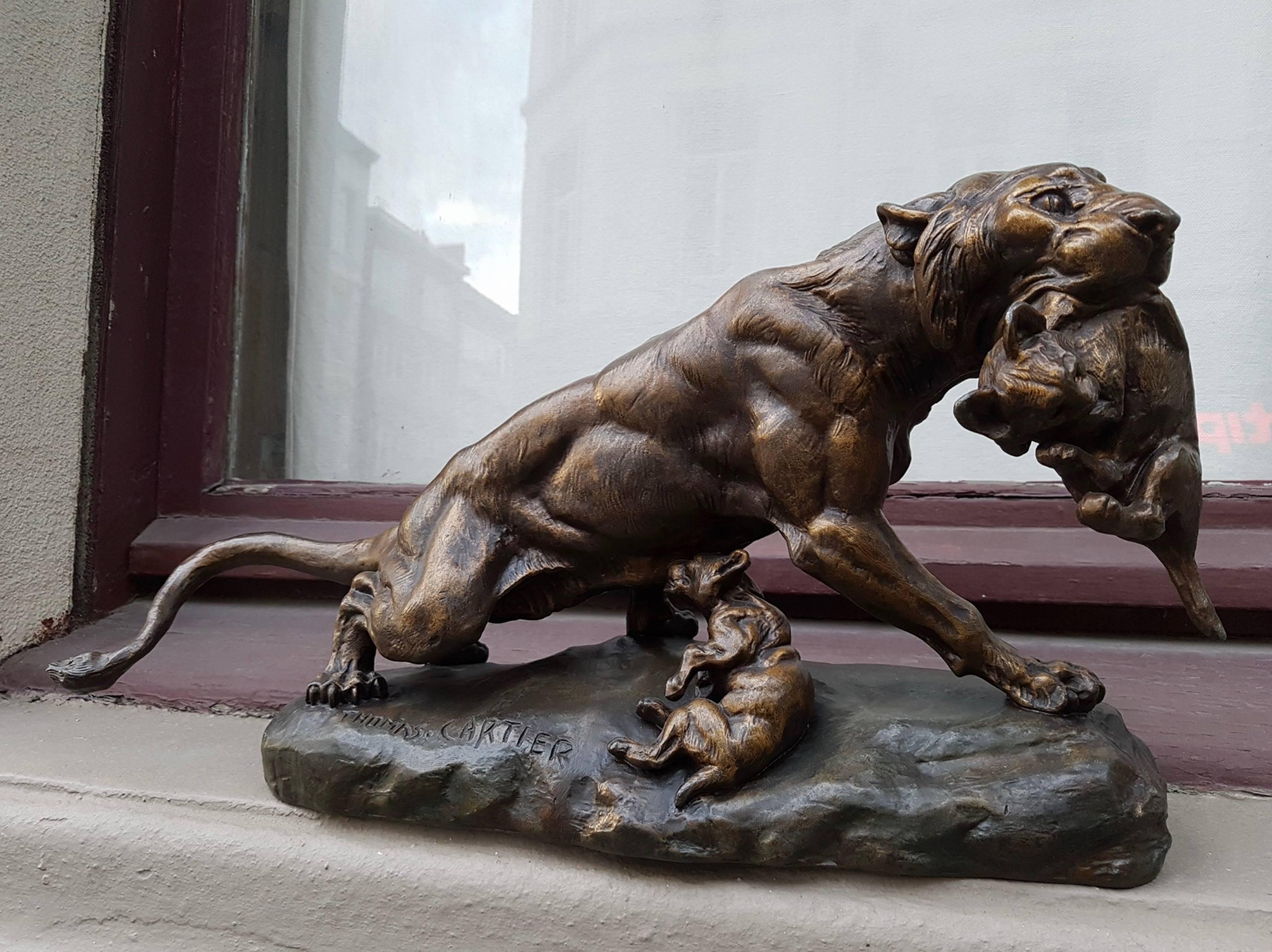 A Gilt Spelter Lioness with her Cubs, Signed Thomas Cartier 2