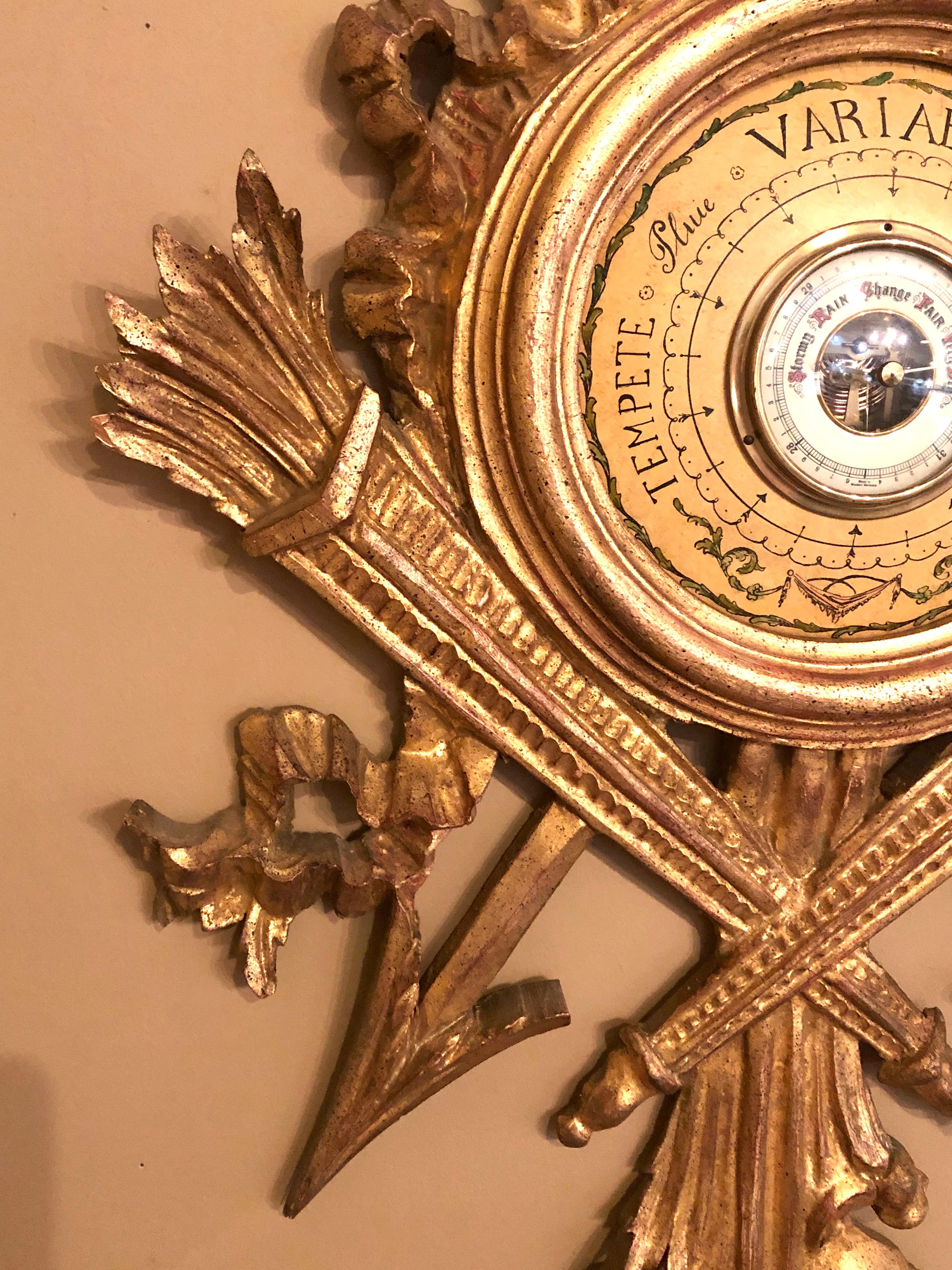 Giltwood Carved Italian Decorative Wall Hanging With Lufft Barometer In Good Condition In Stamford, CT