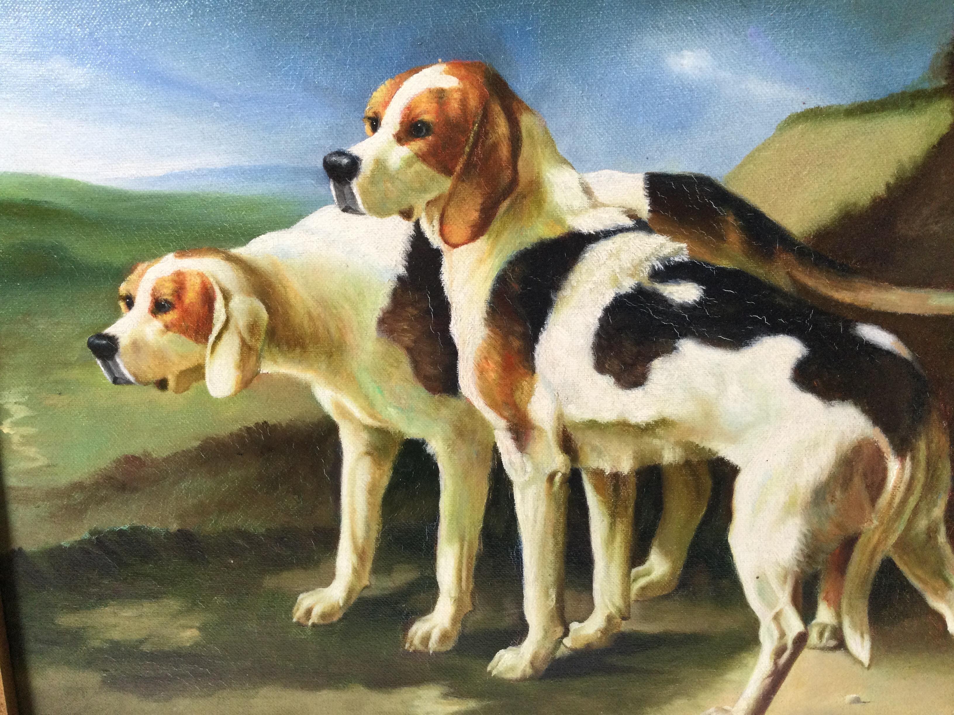 A charming oil painting of two sporting dogs in a field in gilt wood frame. Nicely framed and beautifully rendered. 23.5 wide, 19 high framed.
