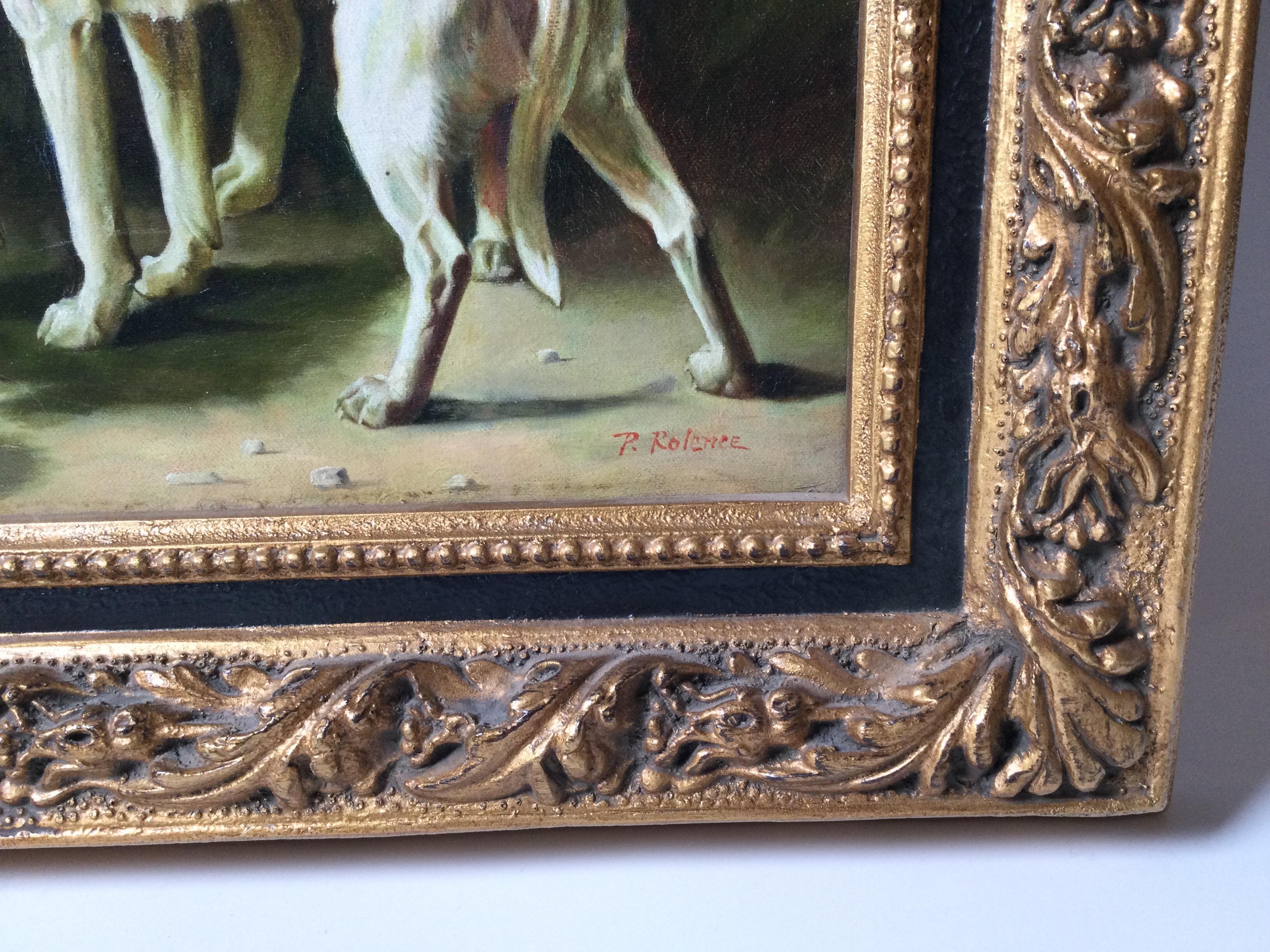 Hand-Painted A Giltwood Framed Oil on Canvas Painting of Sporting Dogs.
