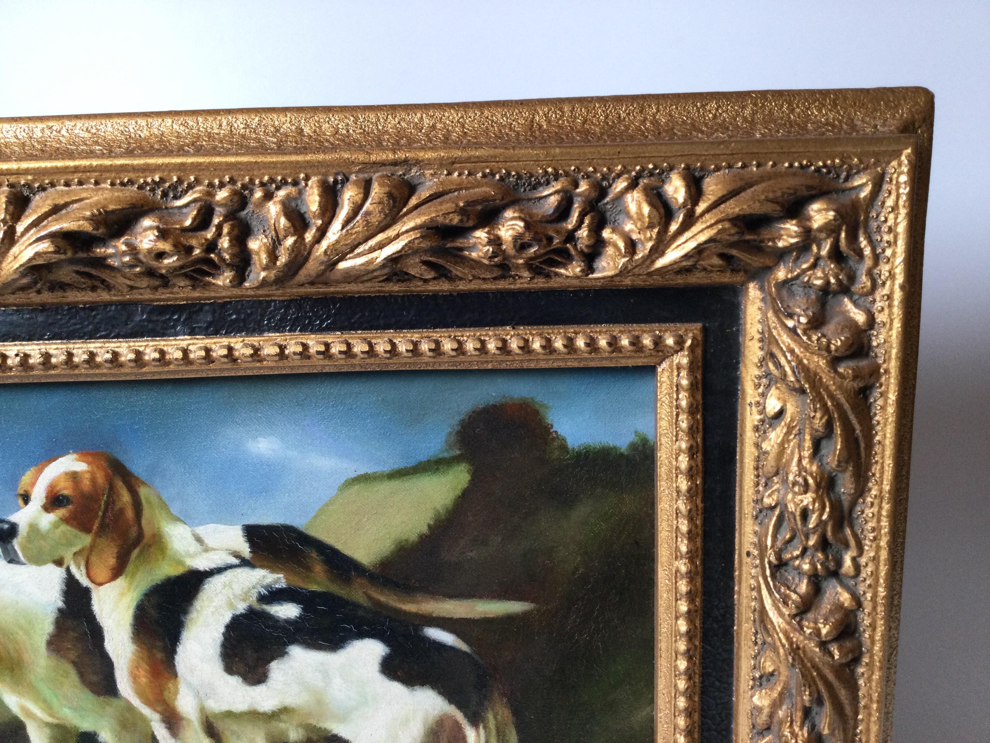 A Giltwood Framed Oil on Canvas Painting of Sporting Dogs. In Excellent Condition In Lambertville, NJ