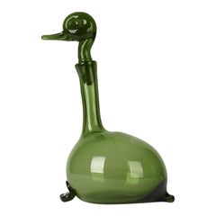 A Gio Ponti Green Italian Murano Empoli Verde Green Glass Duck Wine Decanter