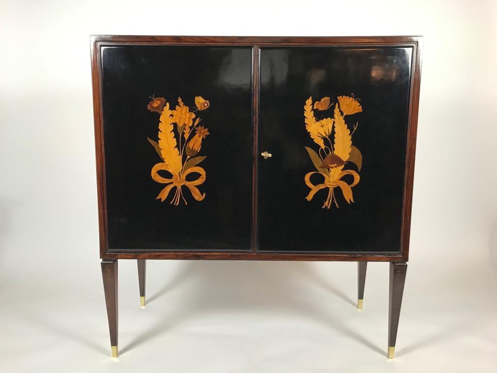 20th Century Giuseppe Anzani Inlaid Black Lacquer and Mahogany Dry Bar