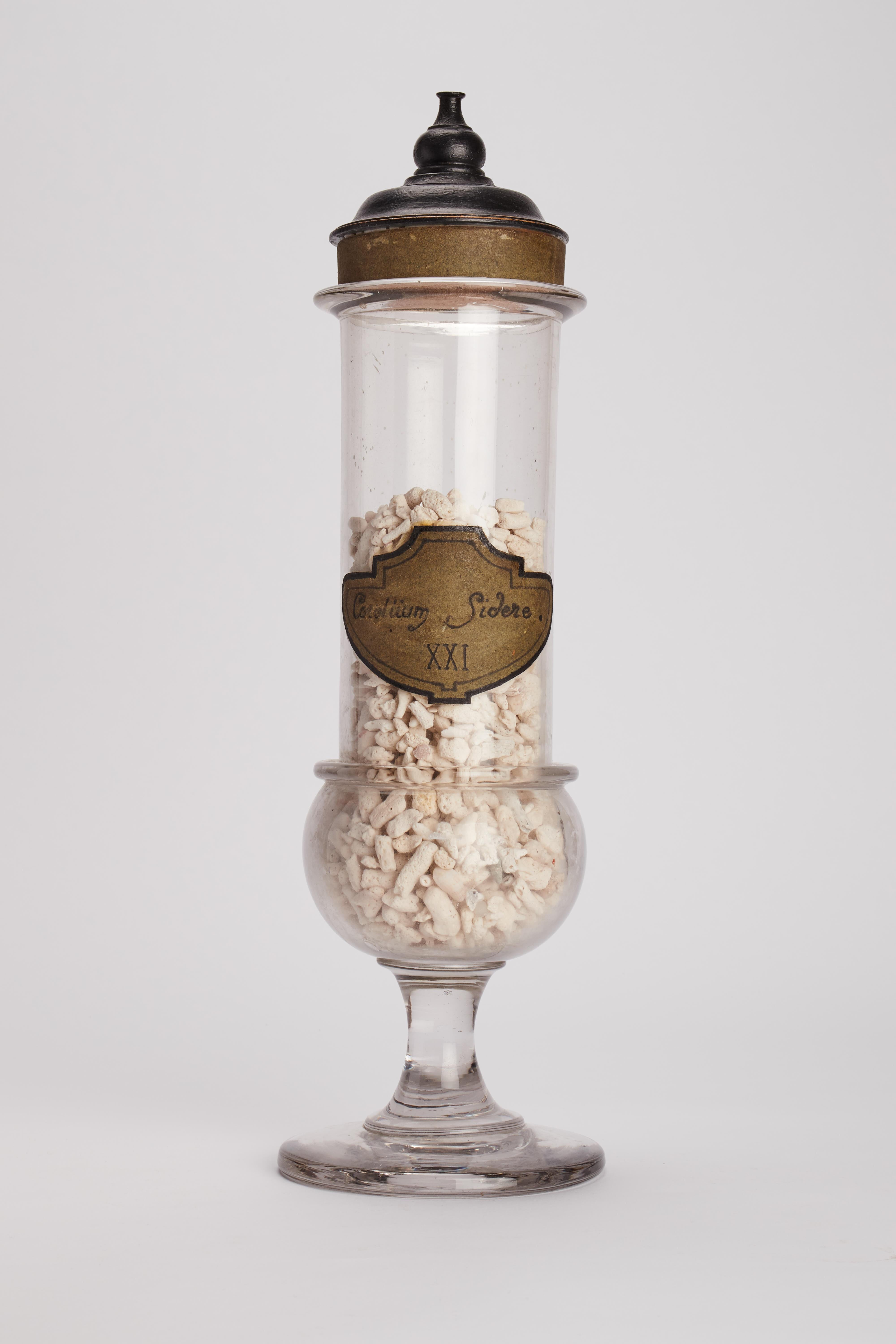Specimen from wunderkammer, a glass ampoule with turned fruitwood lid painted black and label on the front. The paper label reads: Corallium Sidere and the number XXI. France circa 1870