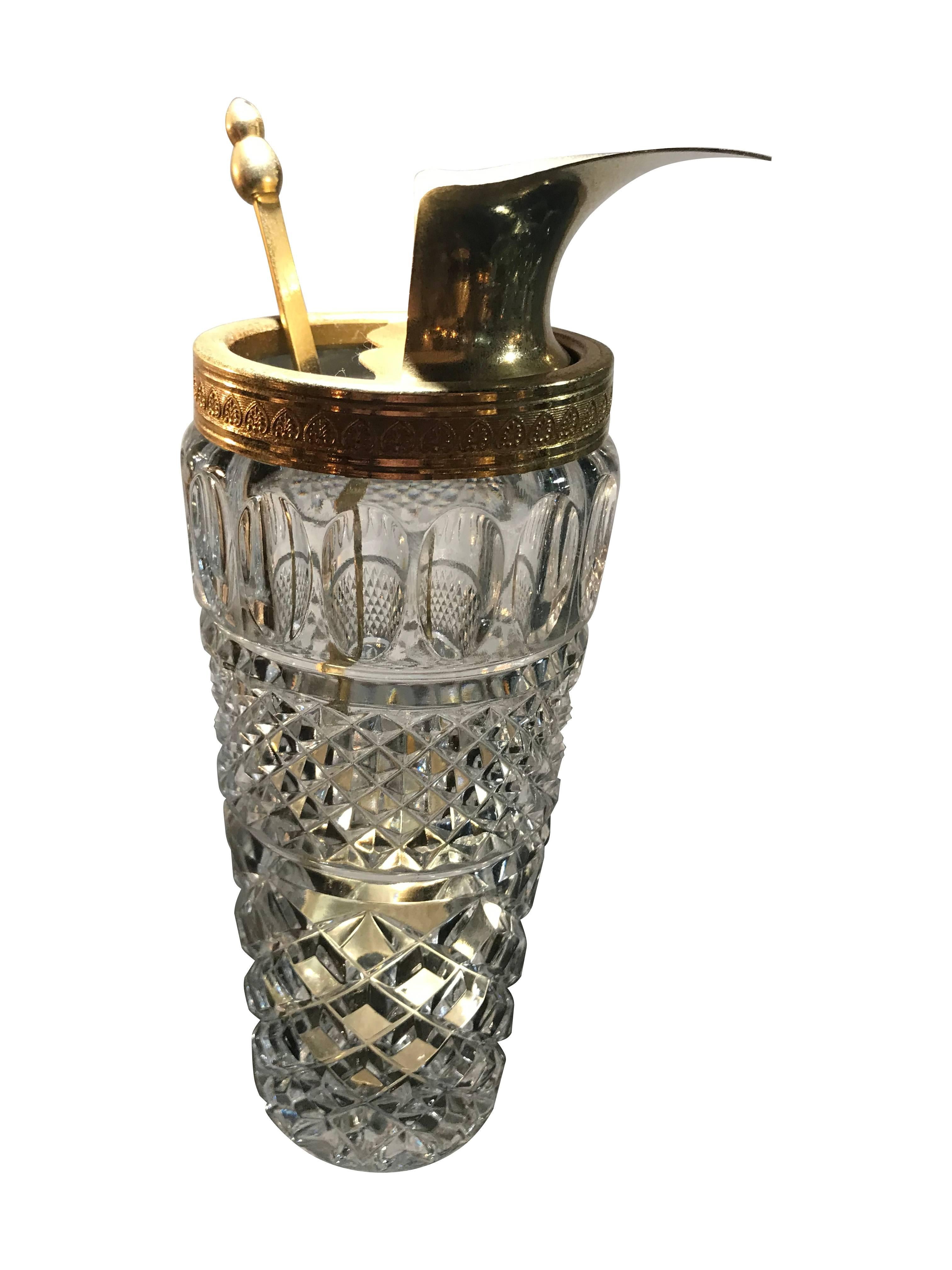 French Glass and Gilt Metal Cocktail Mixing Jug or Pourer and Spoon