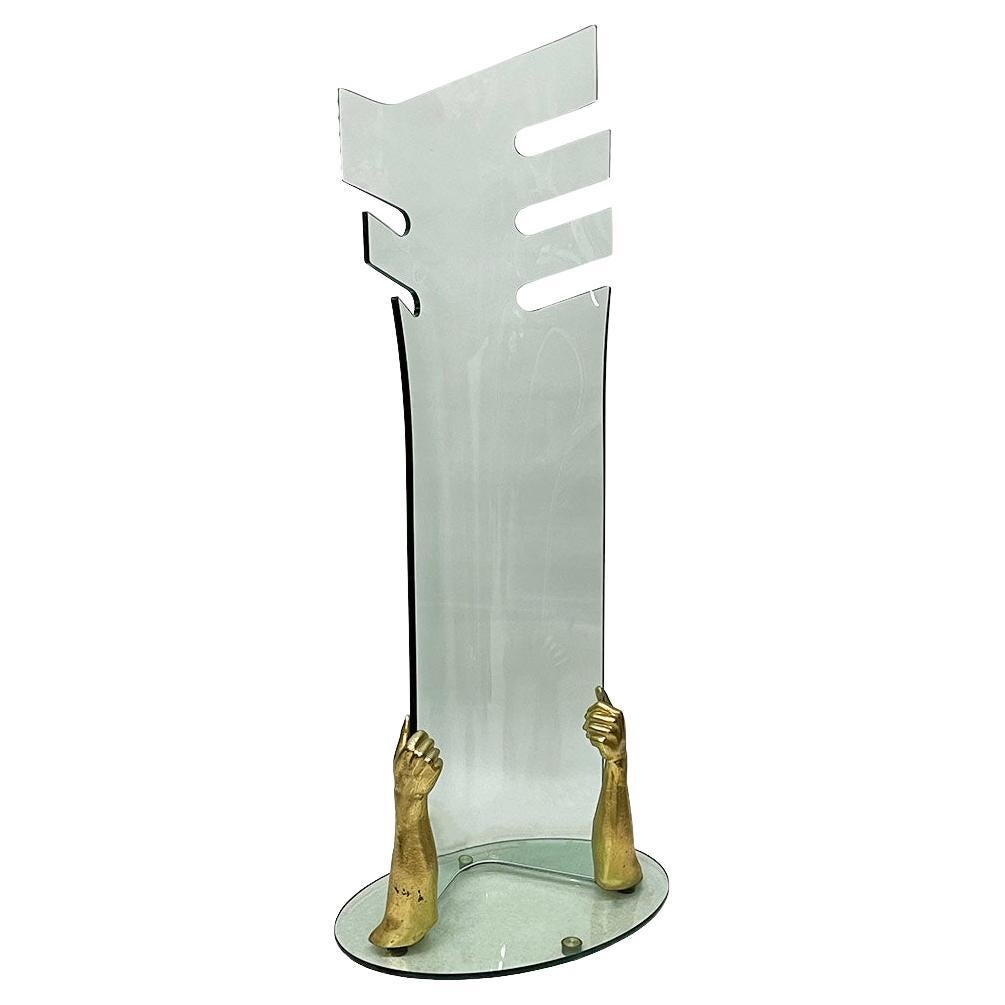 Glass with Bronze Standing Coat Rack For Sale