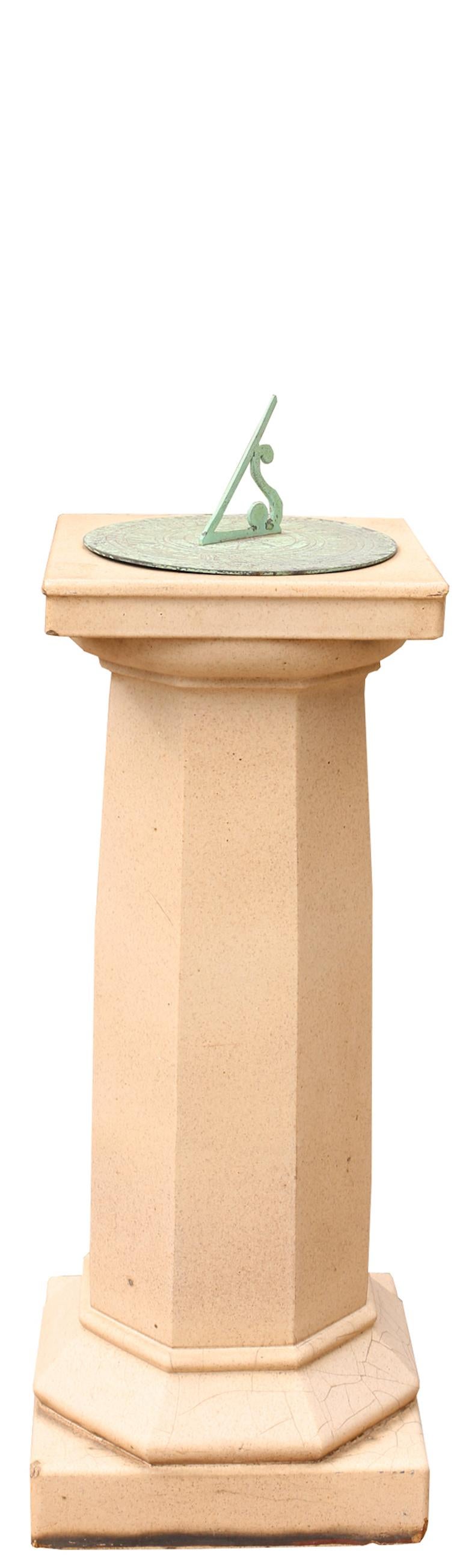 A glazed ceramic garden sundial with bronze sundial plate, attributed to LEFCO (Leeds Fire Clay Company).

Additional Dimensions

33.5 cm square base

25.5 cm diameter Sundial plate.