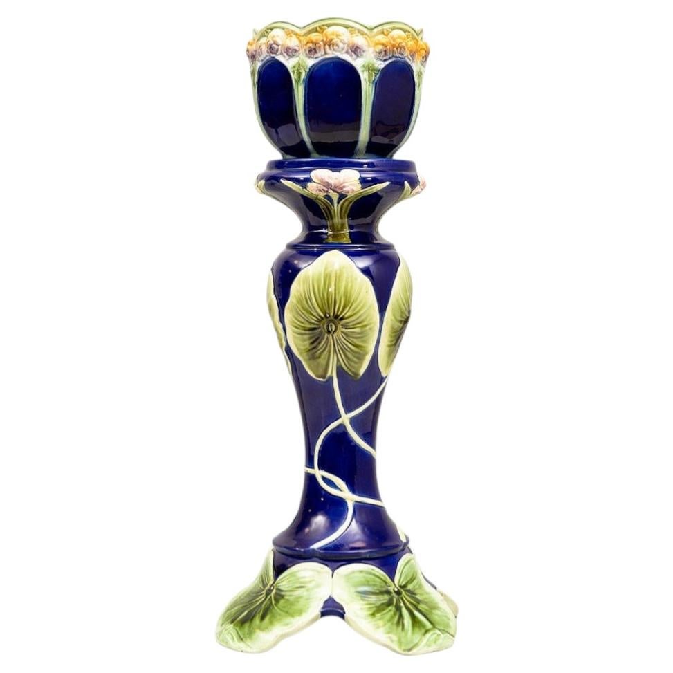 A Glazed Majolica Pedestal Planter For Sale