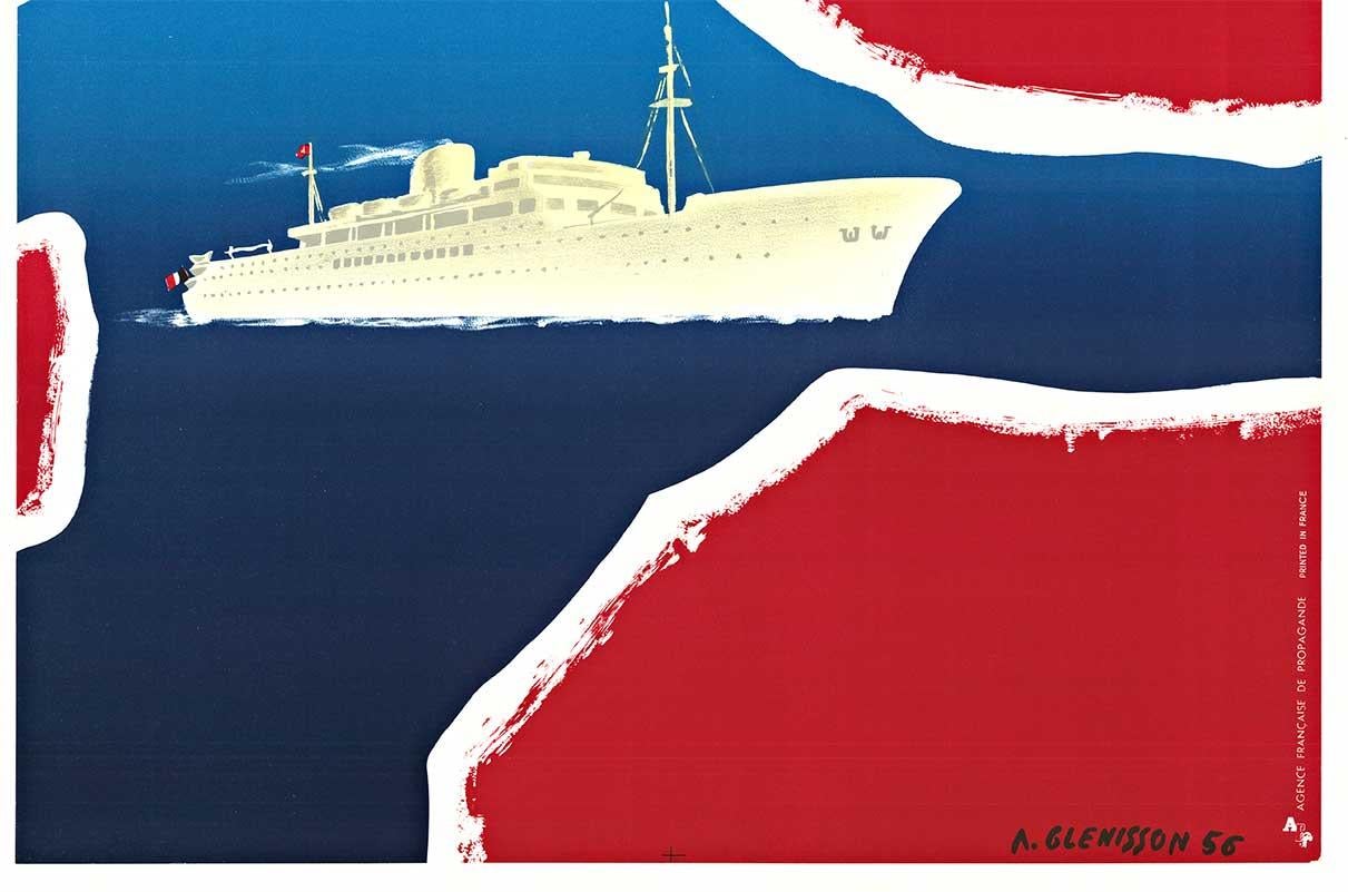 Originales Vintage-Poster „La Marseillaise“ von Kreuzfahrtschiffen.  Mittelmeer-Gott (Rot), Print, von A. Glenisson