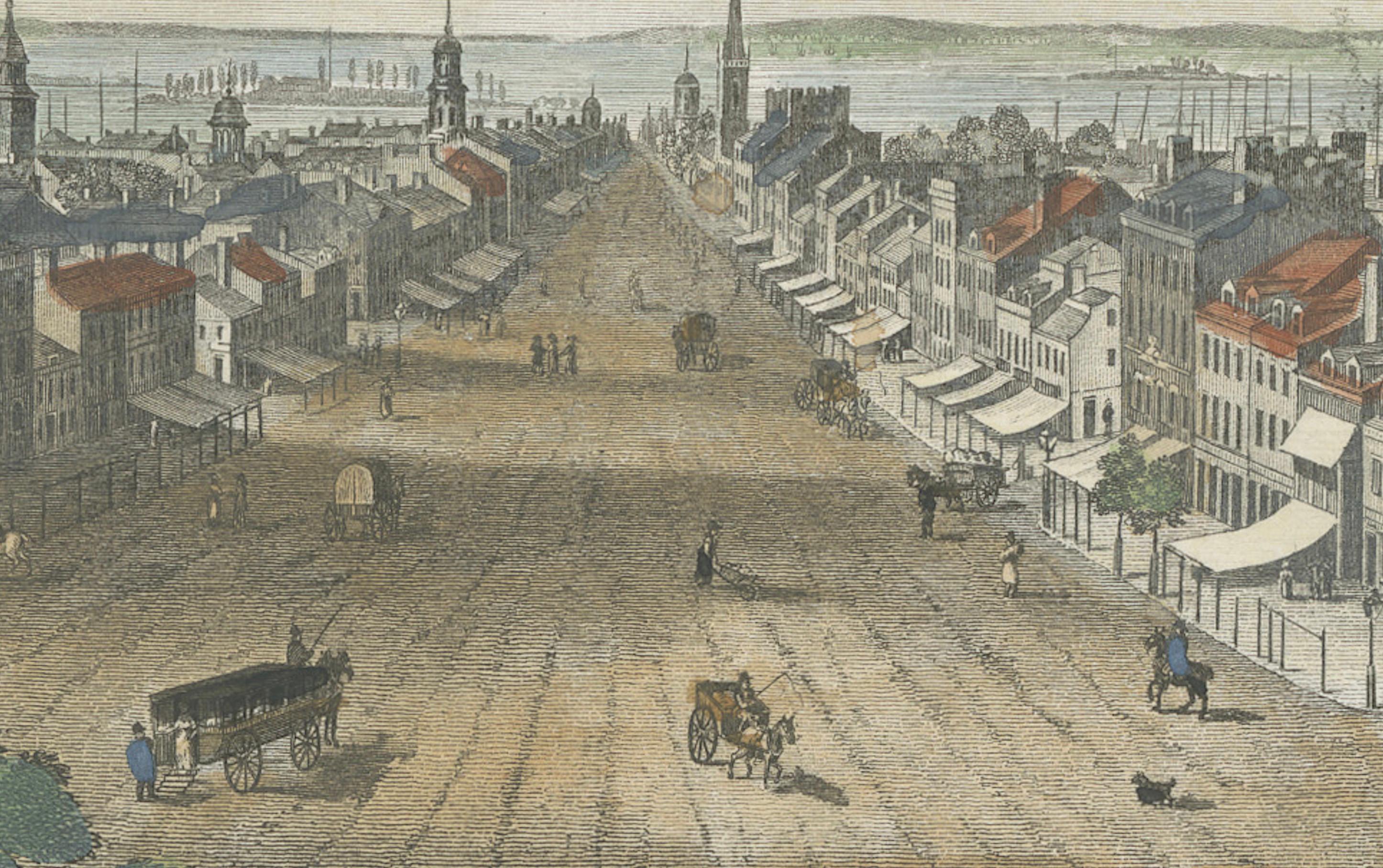 Ein Einblick in die Stadtlandschaft von New York aus dem frühen 19. Jahrhundert, ein Druck von 1842 (Mittleres 19. Jahrhundert) im Angebot