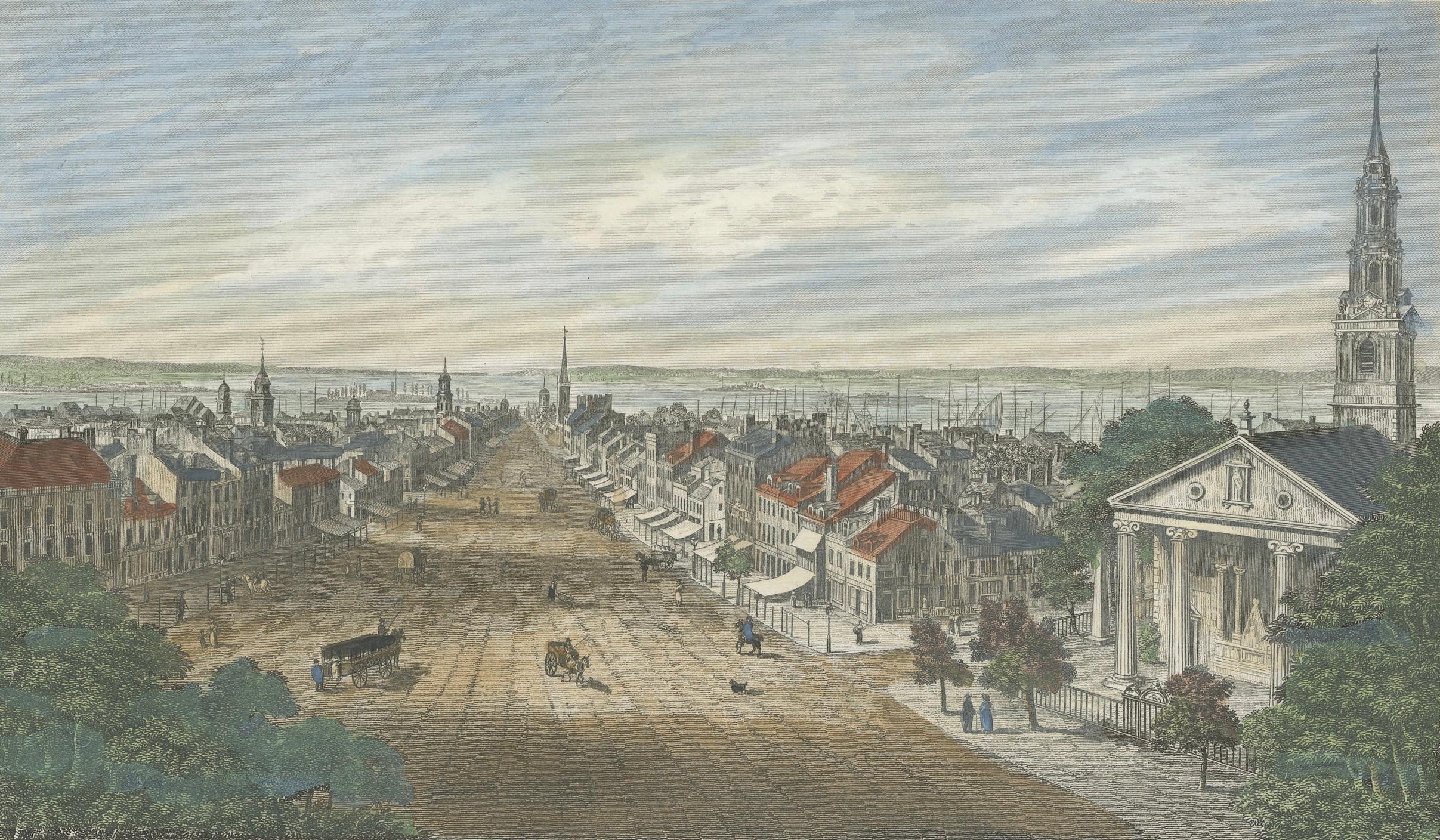 Ein Einblick in die Stadtlandschaft von New York aus dem frühen 19. Jahrhundert, ein Druck von 1842 (Papier) im Angebot