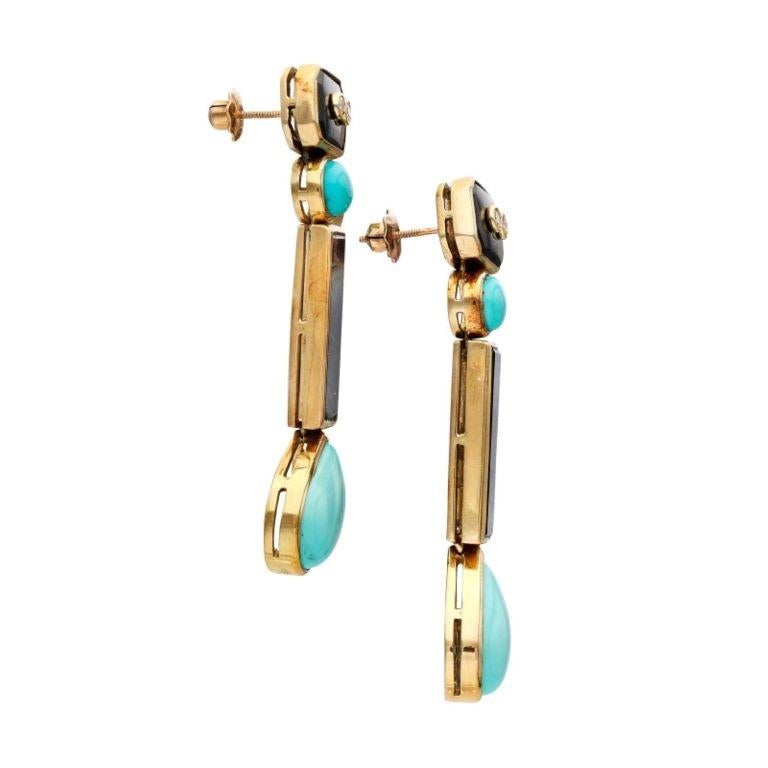 Pear Cut A Gold Turquoise, Onyx and Diamond Drop Earings  For Sale