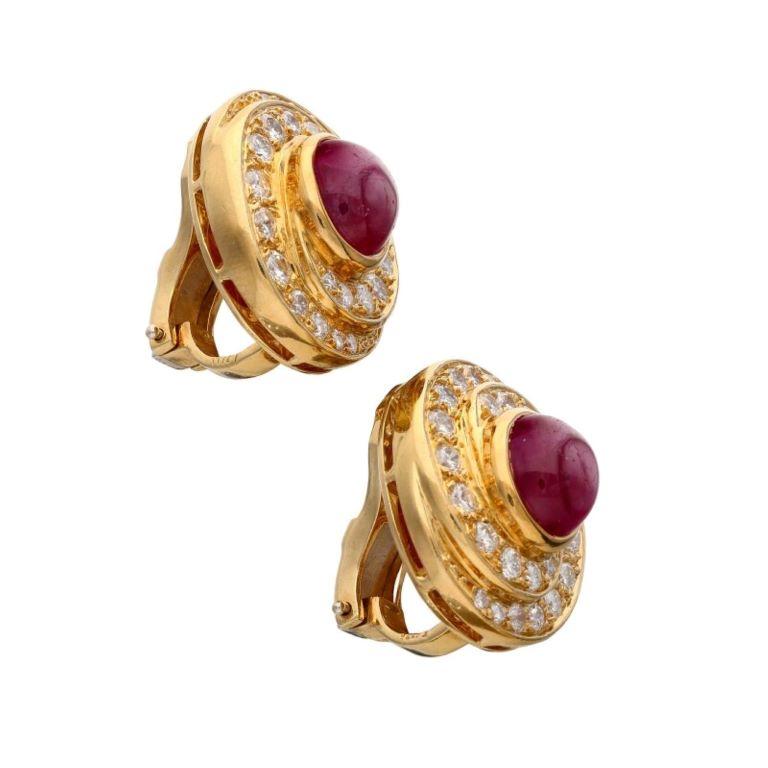 Oval Cut A Gold Ruby and Diamond Earclip  For Sale