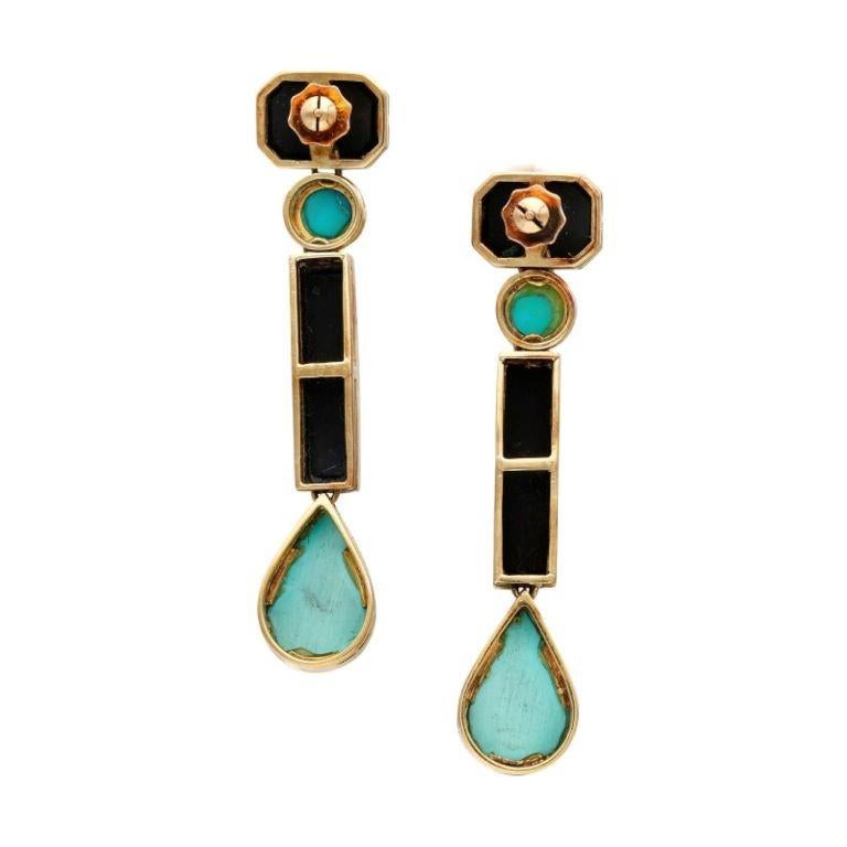 A Gold Turquoise, Onyx and Diamond Drop Earings  In Excellent Condition For Sale In New York, US