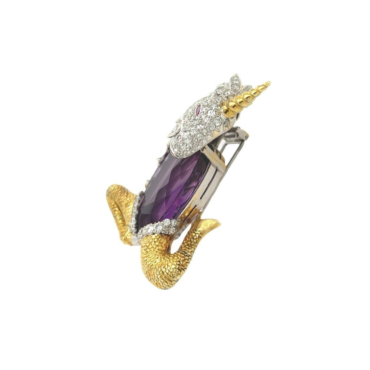 Gold, Amethyst, Ruby and Diamond Brooch In Excellent Condition For Sale In New York, NY