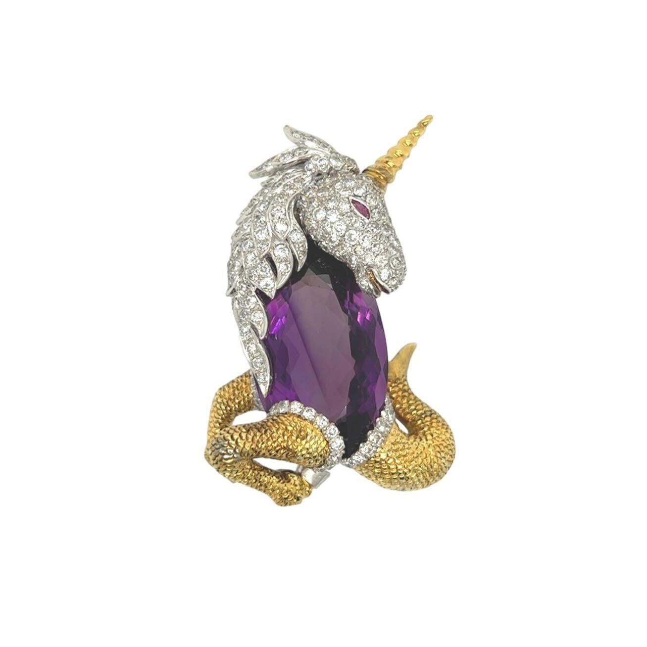 Women's or Men's Gold, Amethyst, Ruby and Diamond Brooch For Sale