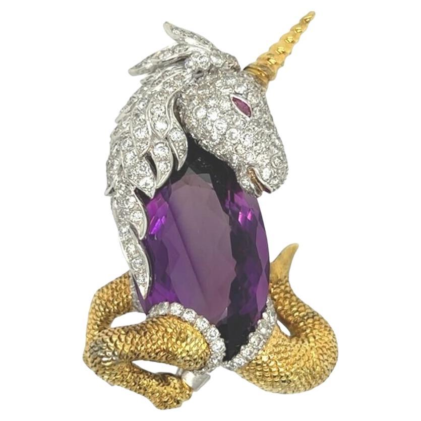 Gold, Amethyst, Ruby and Diamond Brooch For Sale