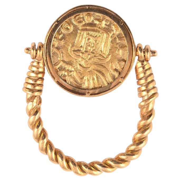 A Gold And Byzantine Theophilus II 829-842 AC Gold Coin Ring In Excellent Condition For Sale In Firenze, IT
