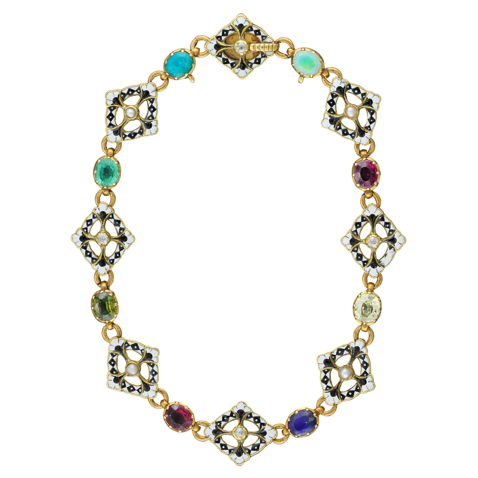 A gold and enamel gemset bracelet by Giuliano, with eight open lozenge-shaped links, each measuring approximately 15x13mm, set to centre with alternating cushion-shaped diamonds or half-pearls, within a quatrefoil frame decorated with black and