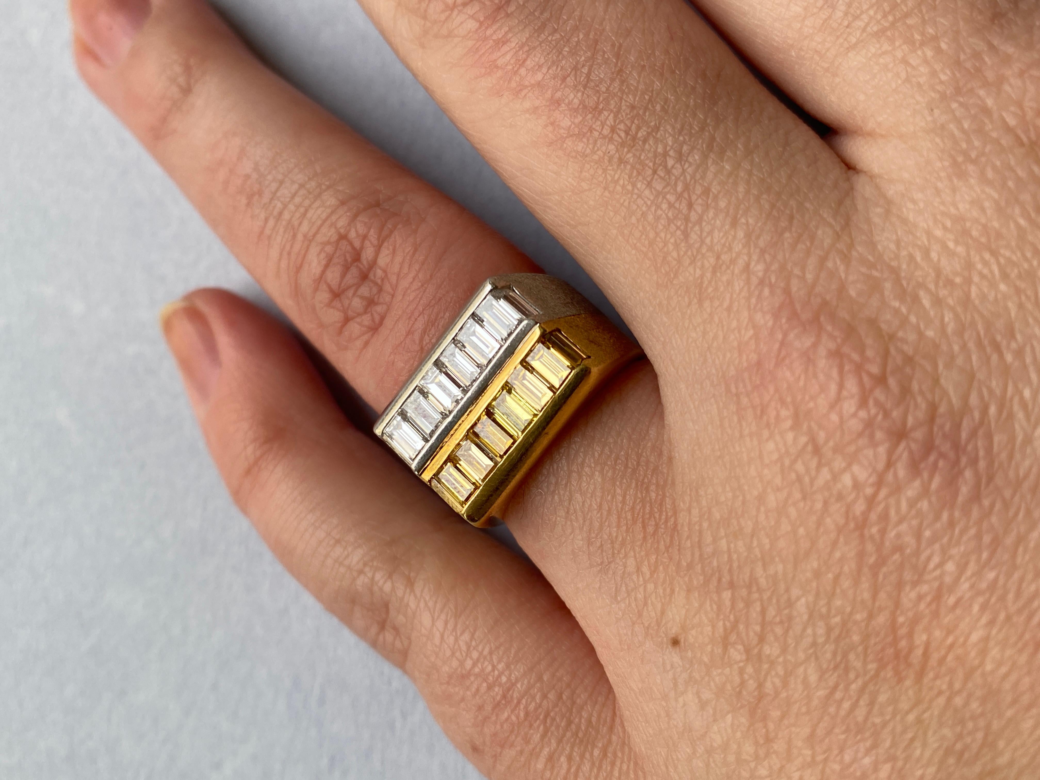 A Gold and Platinum Ring set with White and Fancy Yellow Baguette Cut Diamonds For Sale 4
