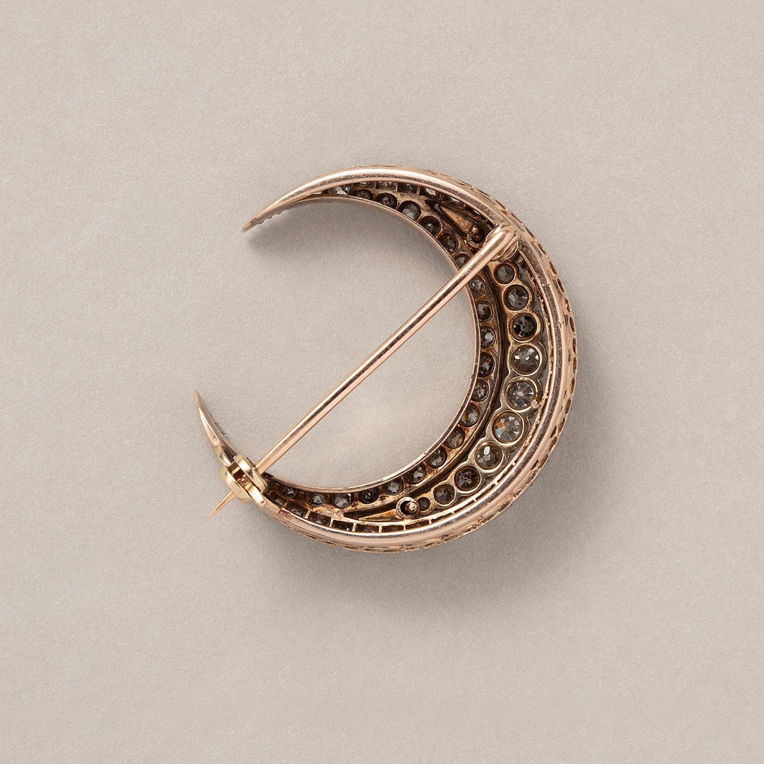 Victorian A Gold and Silver Crescent Brooch with Diamonds For Sale