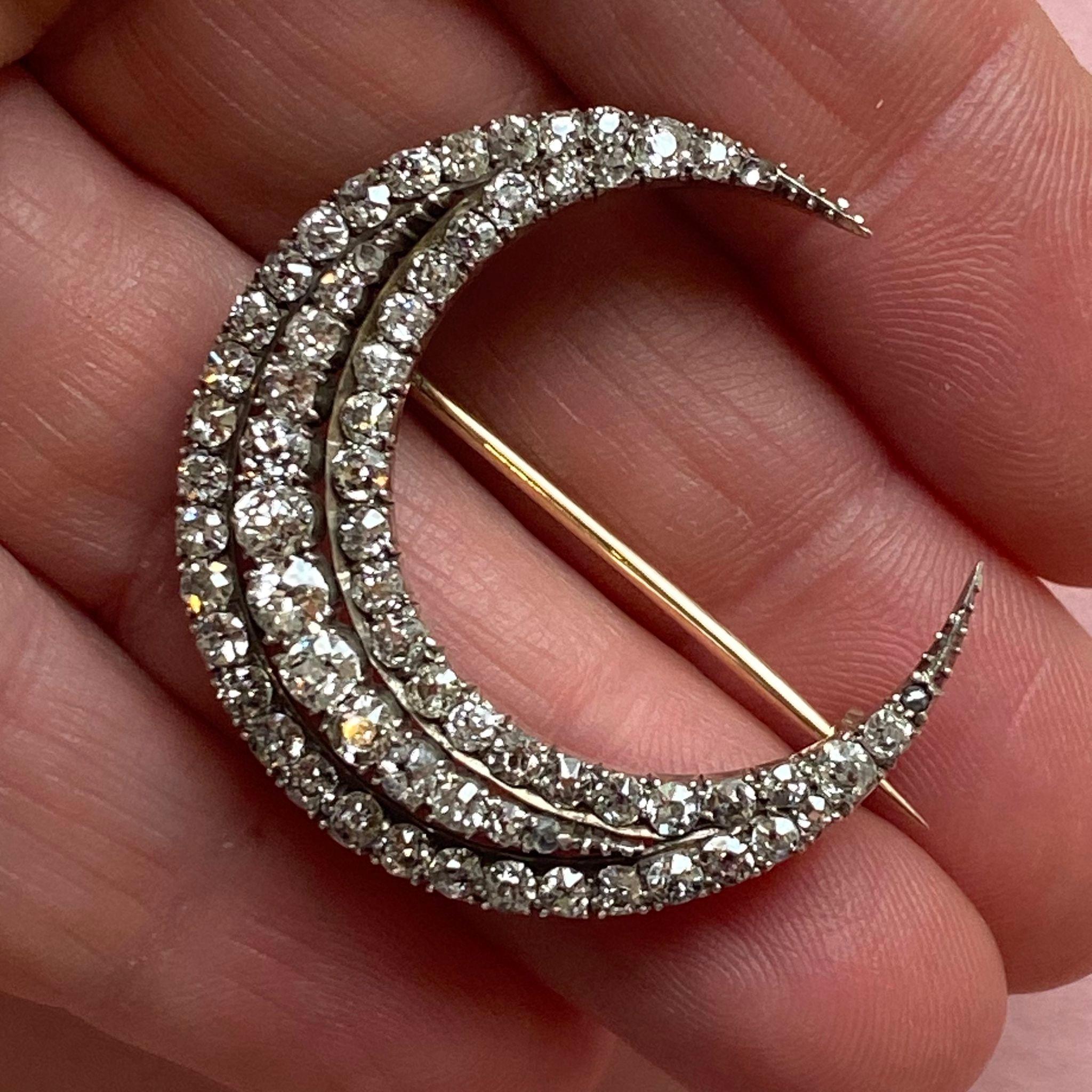 Old European Cut A Gold and Silver Crescent Brooch with Diamonds For Sale