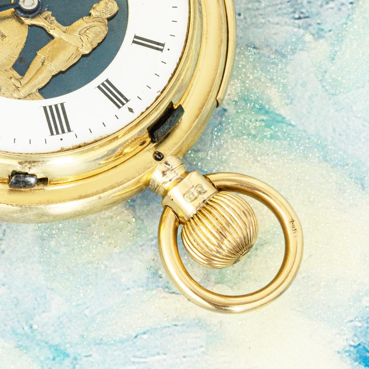 A Heavy 18ct Yellow Gold Automaton Quarter Repeater Keyless Lever Full Hunter Pocket Watch C1896


Dial: The white enamel dial with Roman Numerals and outer minute track. The centre of the dial has a blued steel background with two gold coloured