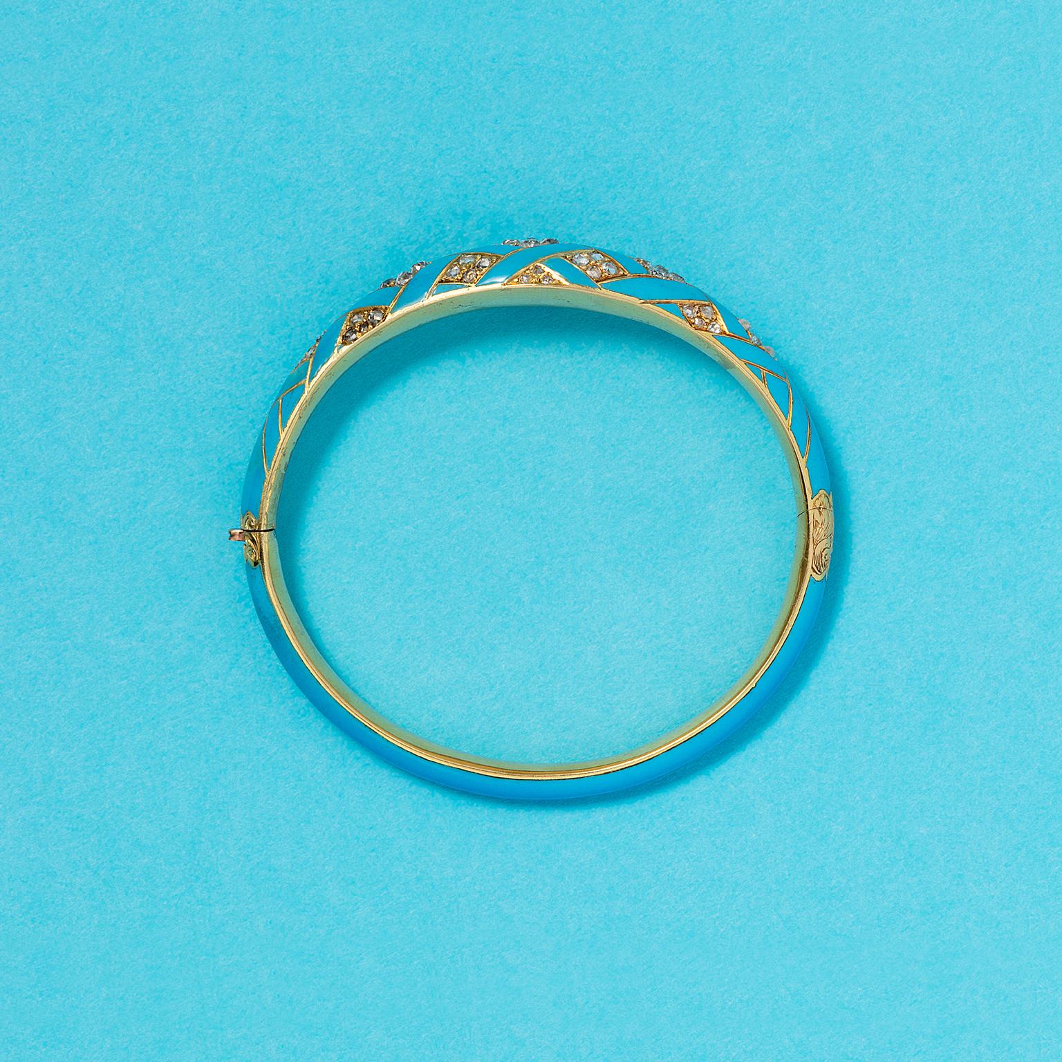 Women's or Men's A Gold Brangle with Blue Enamel and Diamonds For Sale