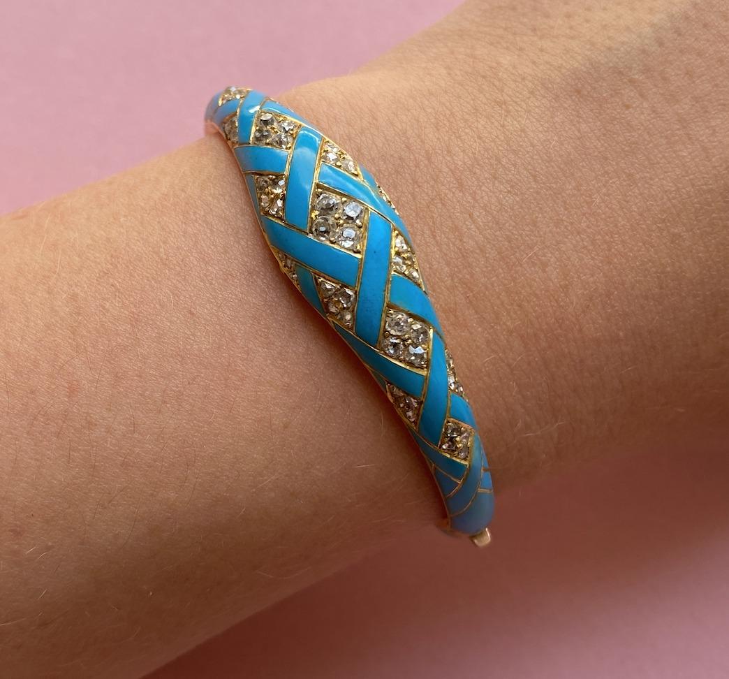 A Gold Brangle with Blue Enamel and Diamonds For Sale 1