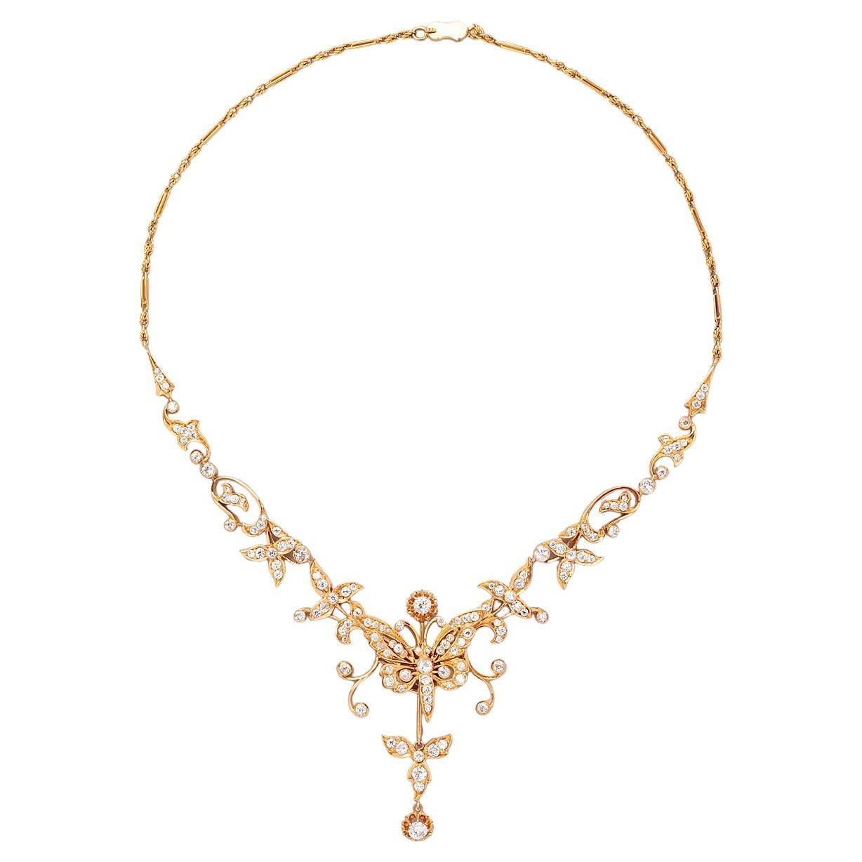 Collar Mariposa de Oro con Diamantes talla antigua