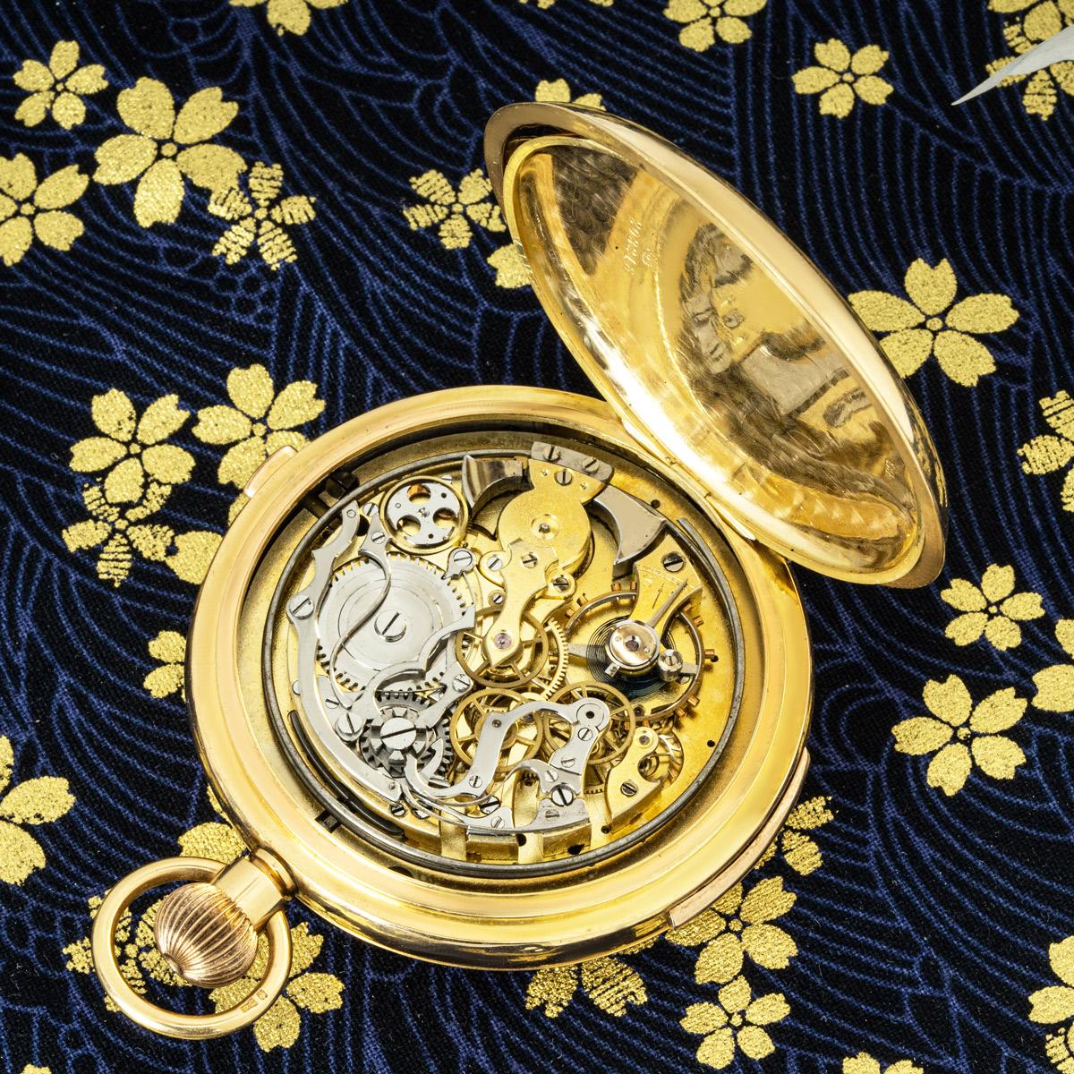 A Gold Calendar Minute Repeater Chronograph Half Hunter Pocket Watch C1900 For Sale 5
