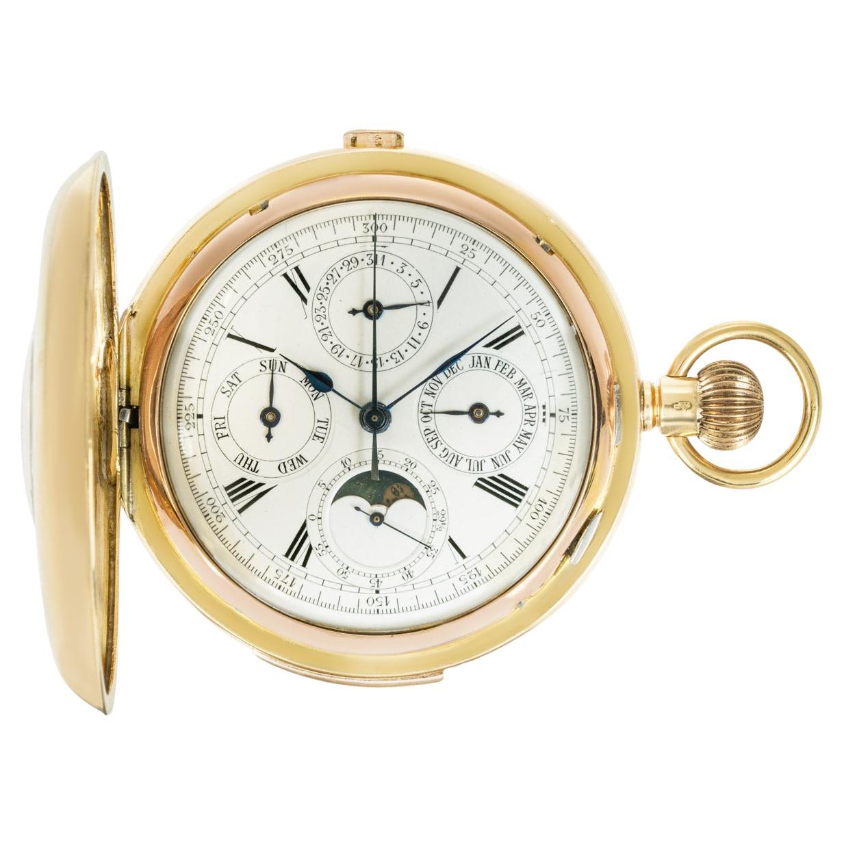 A Gold Calendar Minute Repeater Chronograph Half Hunter Pocket Watch C1900 For Sale