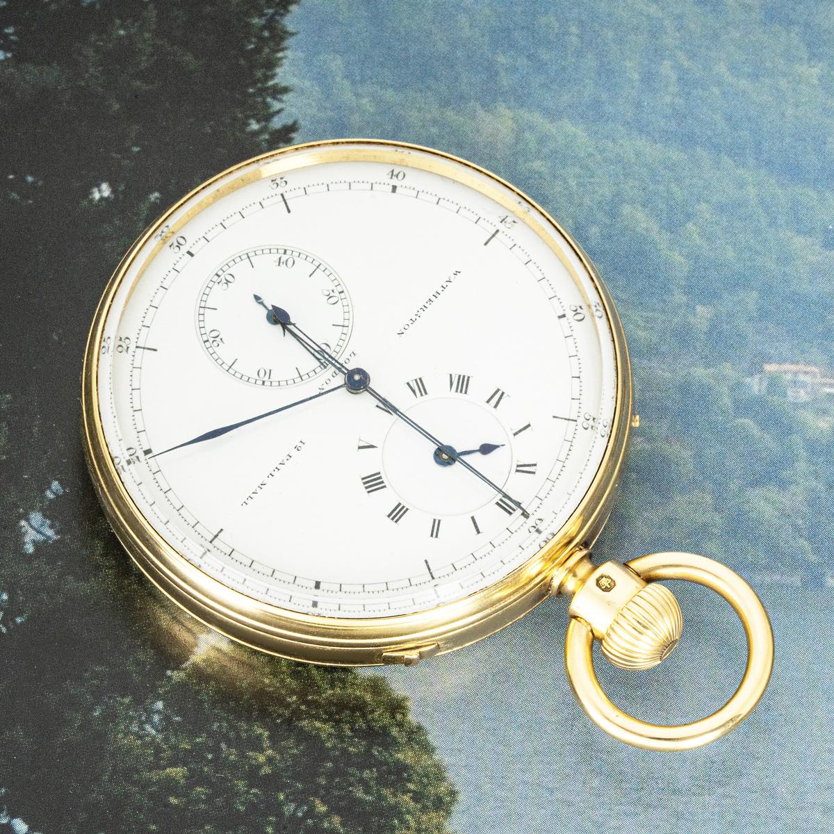 Nicole Nielsen. An 18ct Gold Open Face Chronograph Regulator Dial Pocket Watch Retailed By Watherston & Son, 12 Pall Mall London. C1875.

Dial: The superb white enamel dial signed Watherston 12 Pall Mall London. The Regulator Dial with Roman hour