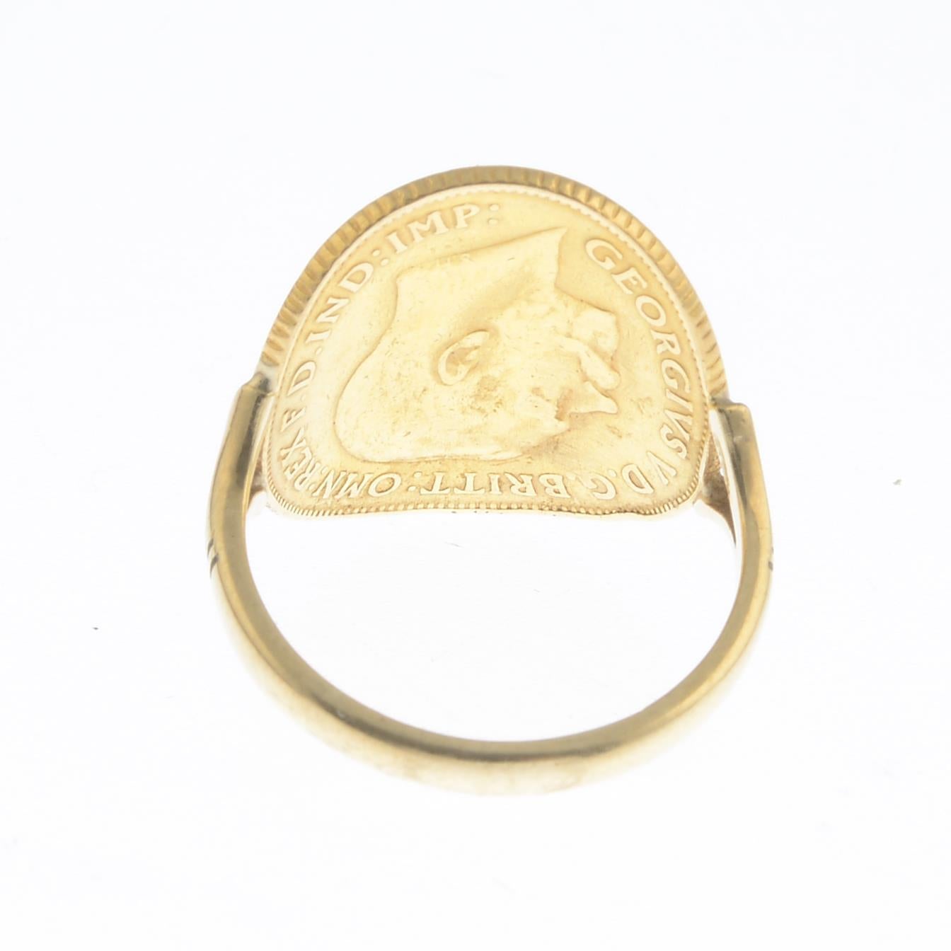 Ring size 6 1/4. Total weight 5gms.
Diameter of coin 19.4mms.
Coin electronically tested as 22ct gold.
Band electronically tested as 9ct gold. 