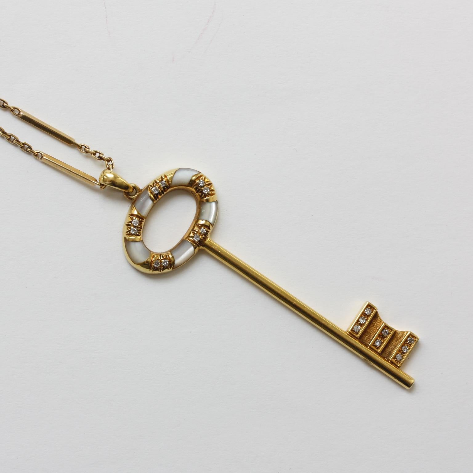 Women's or Men's Gold, Diamond and Mother of Pearl Key Pendant