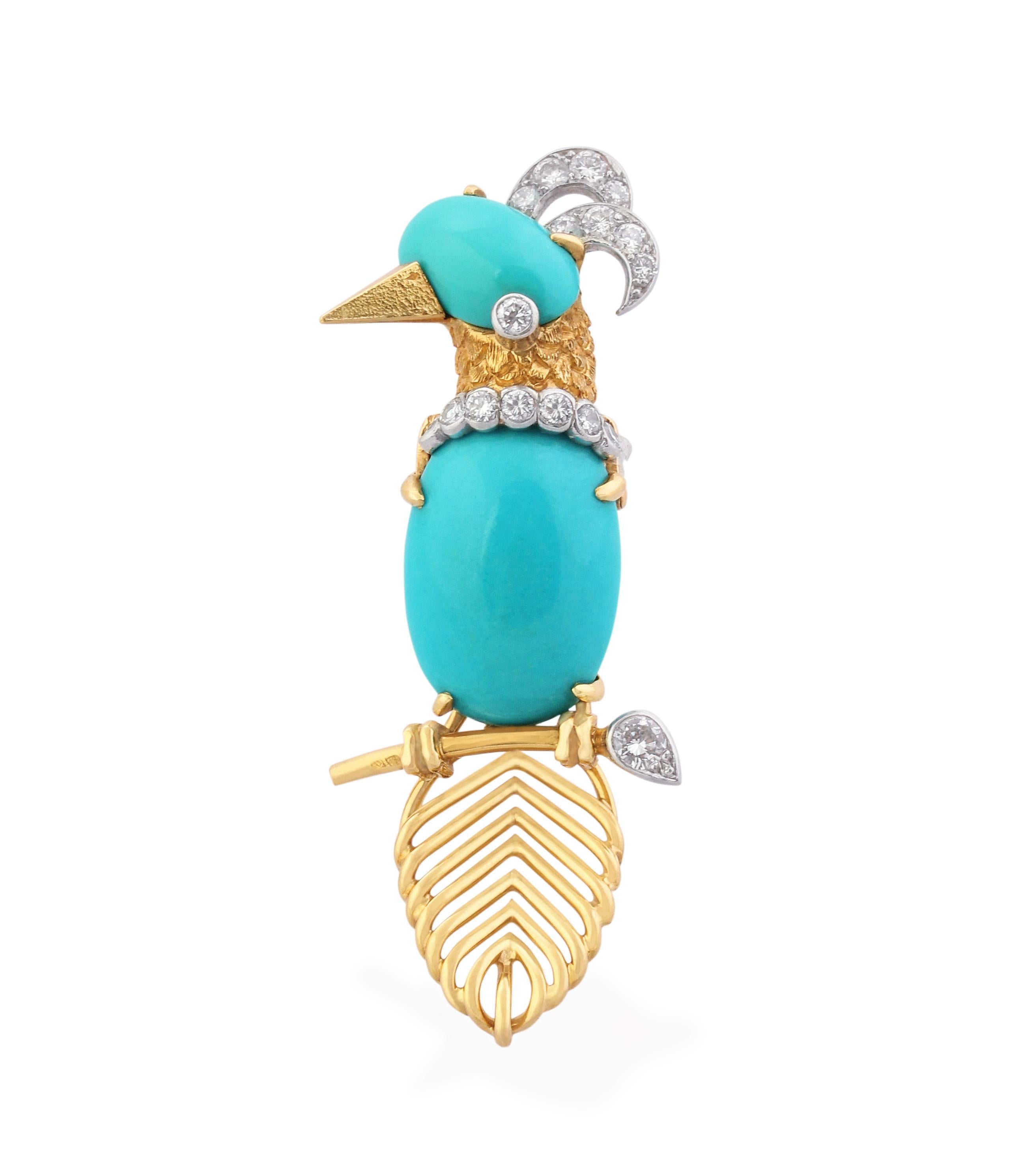 Cabochon Gold, Diamond and Turquoise Woodpecker Brooch by Cartier