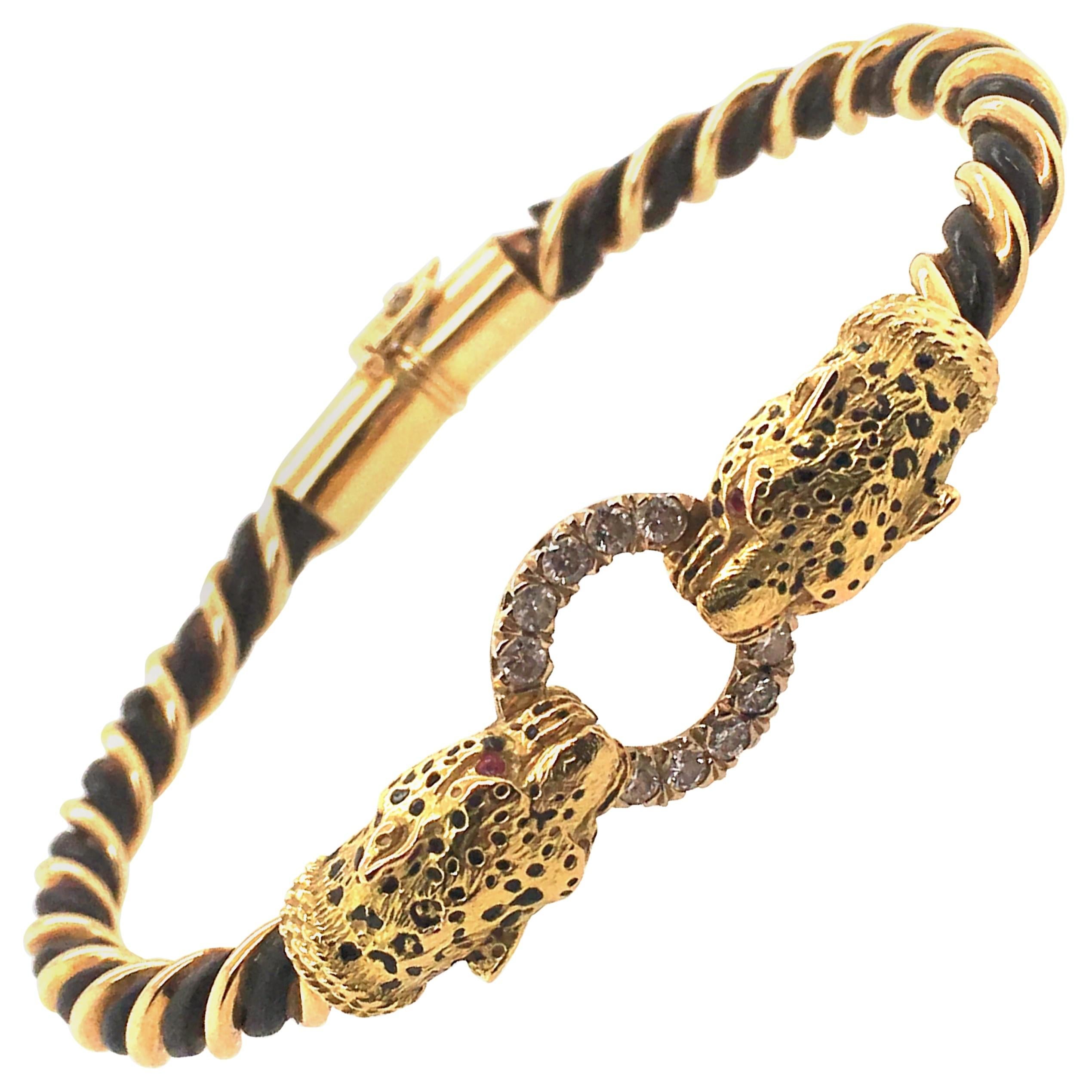 French 1970s Twin Leopard Heads Diamond Gold Elephant Hair Enamel Bracelet