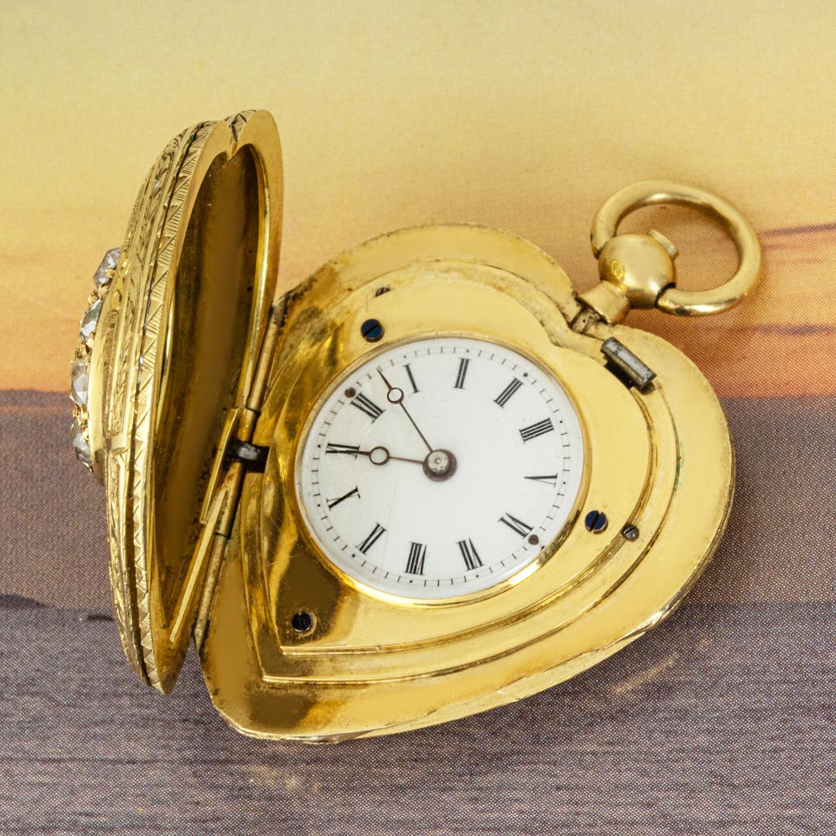 A Gold Emerald & Diamond Heart Shape Pendant Watch C1840 5